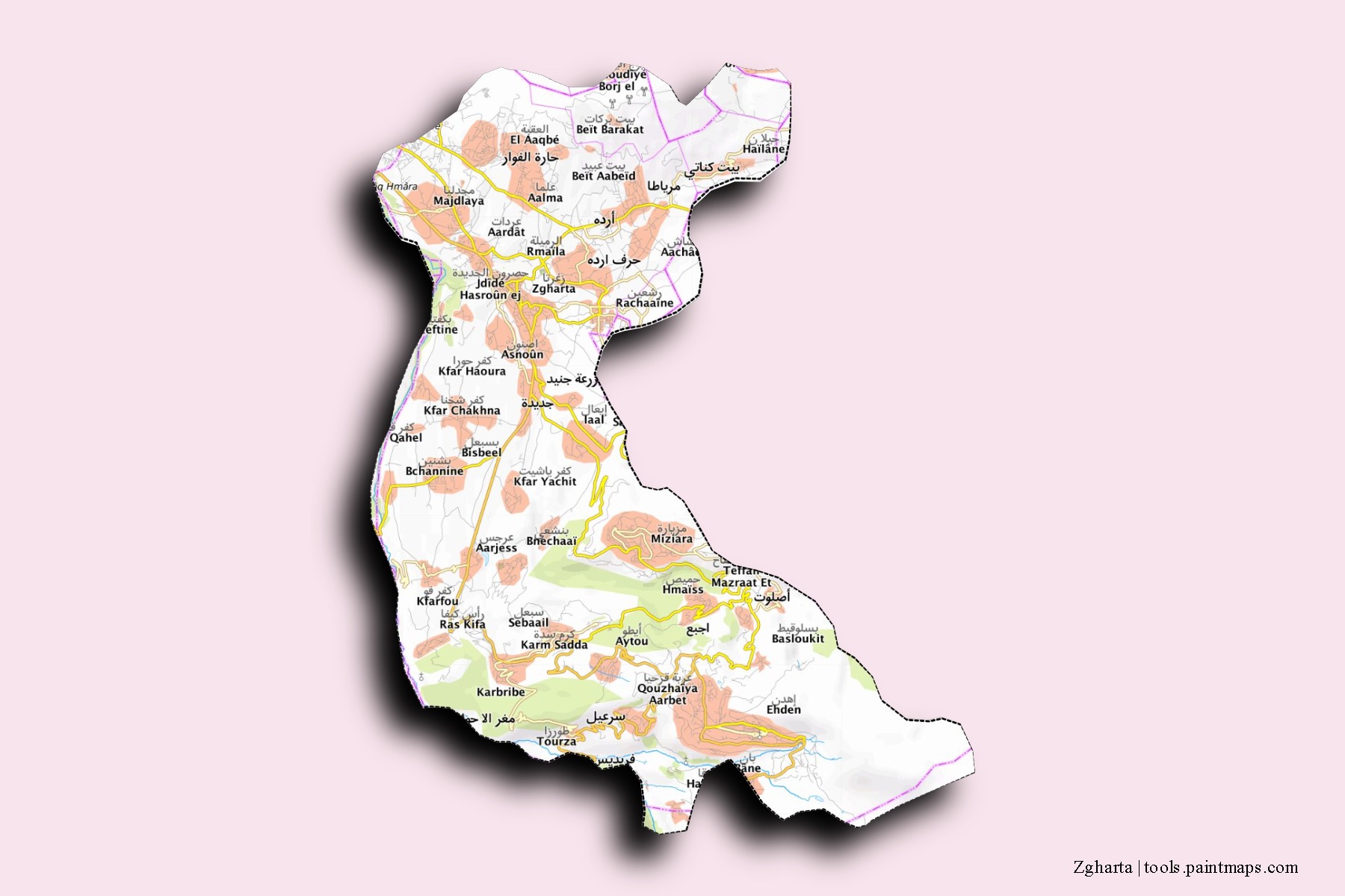 Zgharta neighborhoods and villages map with 3D shadow effect