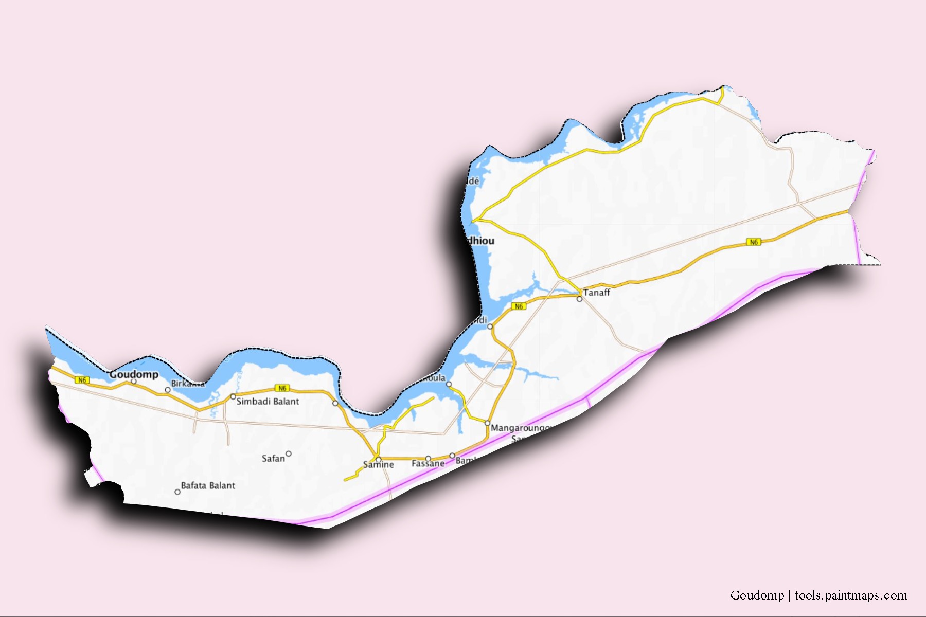 Goudomp neighborhoods and villages map with 3D shadow effect