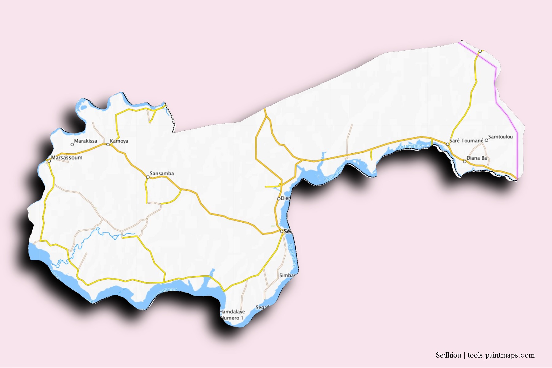 3D gölge efektli Sedhiou mahalleleri ve köyleri haritası