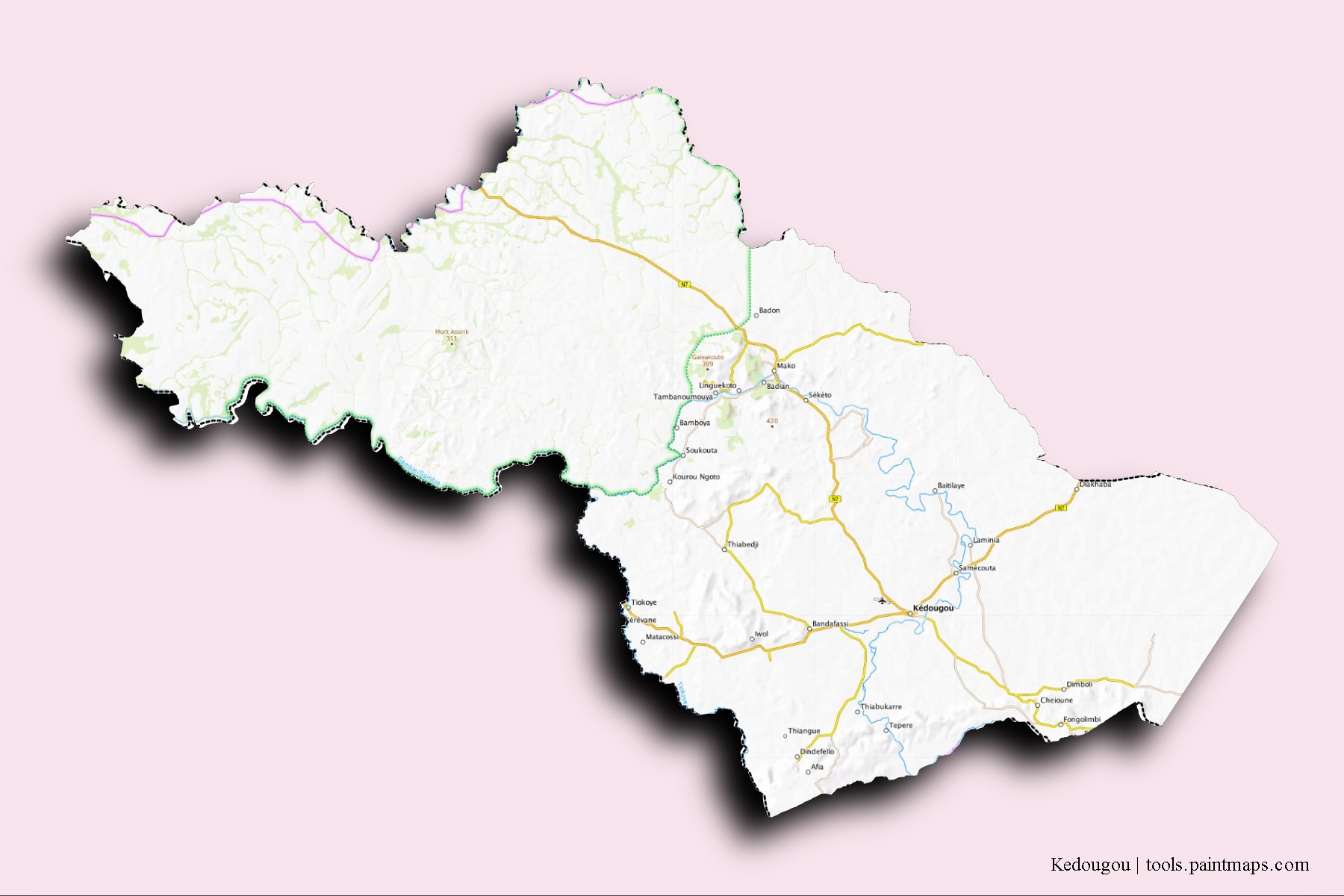 3D gölge efektli Kedougou mahalleleri ve köyleri haritası