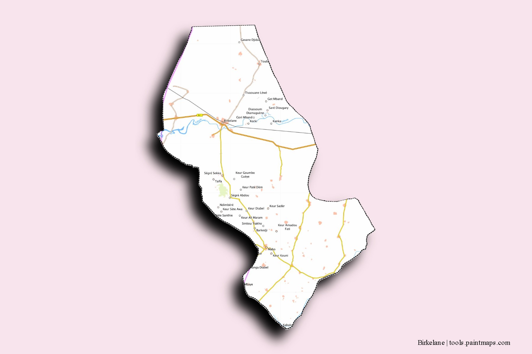 Birkilane neighborhoods and villages map with 3D shadow effect