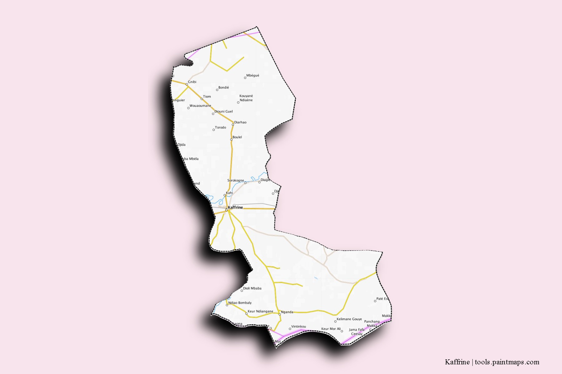 Mapa de barrios y pueblos de Kaffrine con efecto de sombra 3D