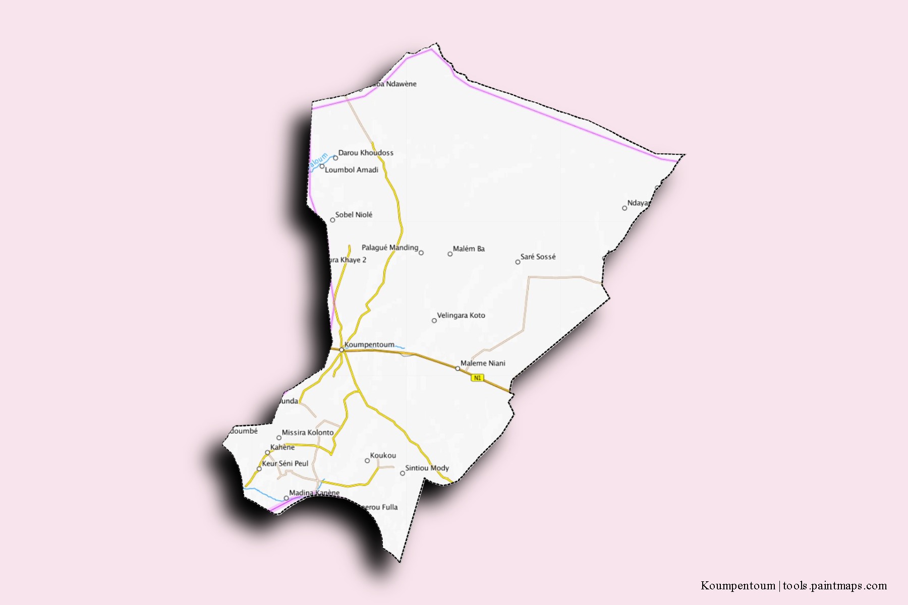 Mapa de barrios y pueblos de Koumpentoum con efecto de sombra 3D