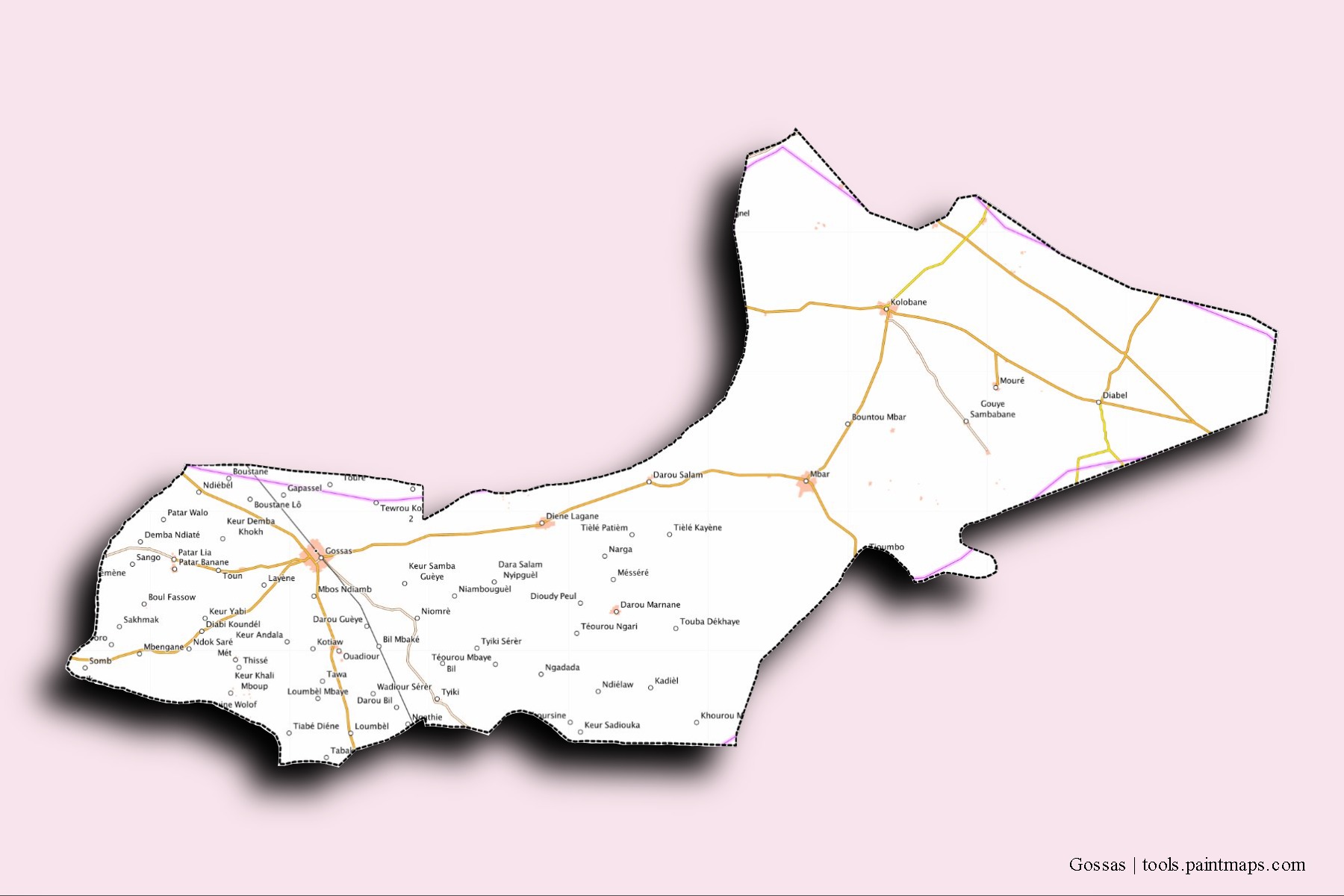 Gossas neighborhoods and villages map with 3D shadow effect