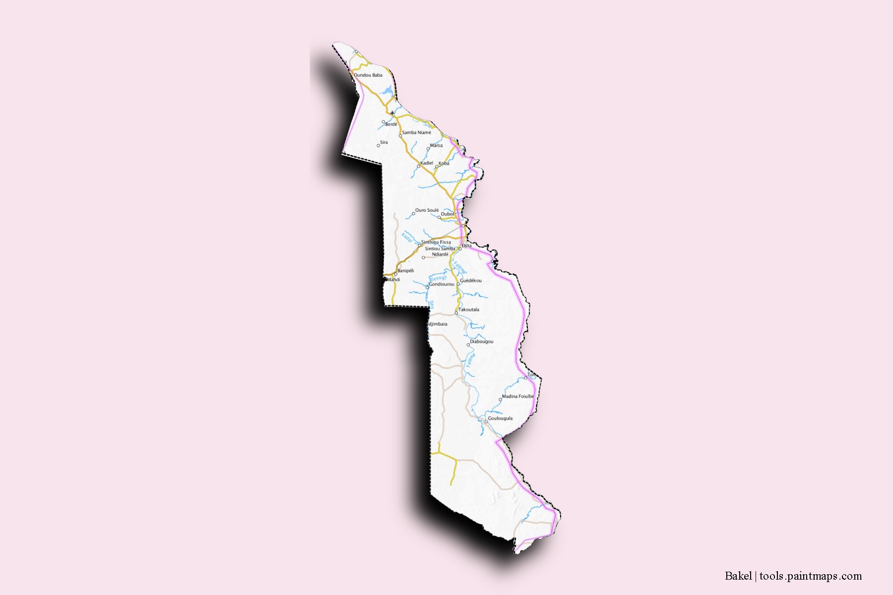 Bakel neighborhoods and villages map with 3D shadow effect