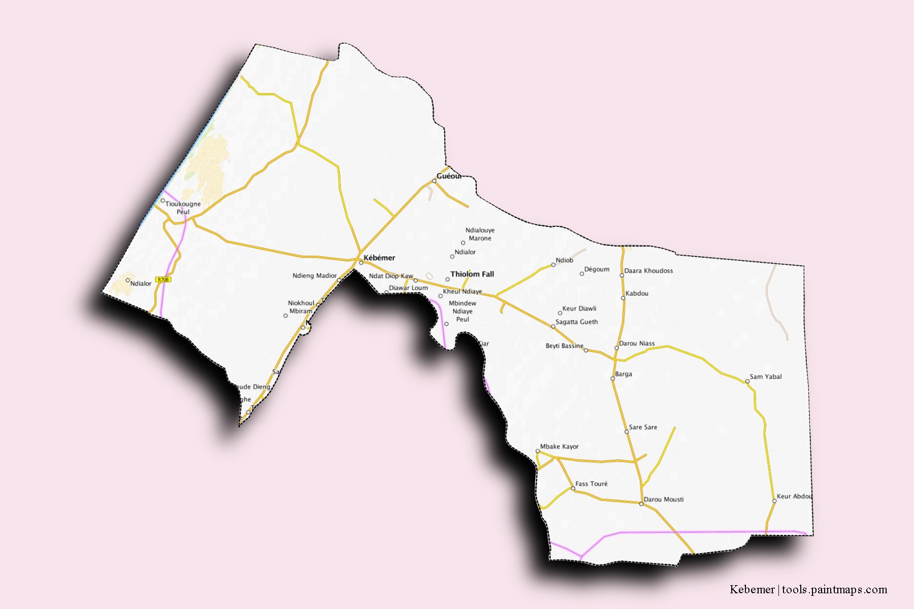 Mapa de barrios y pueblos de Kebemer con efecto de sombra 3D