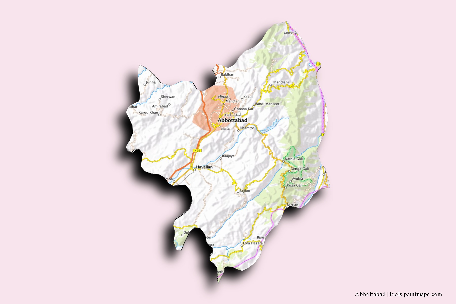 Abbottabad neighborhoods and villages map with 3D shadow effect