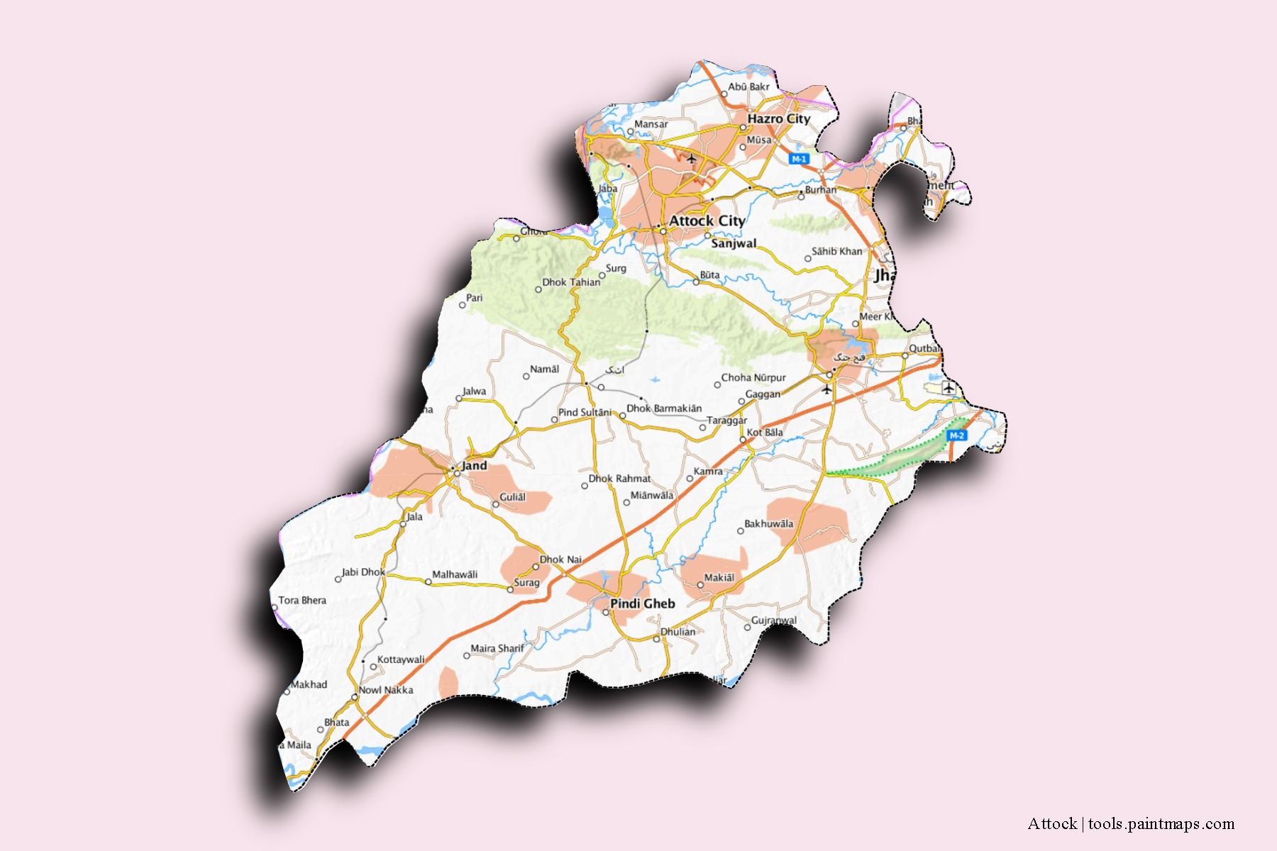 Attock neighborhoods and villages map with 3D shadow effect