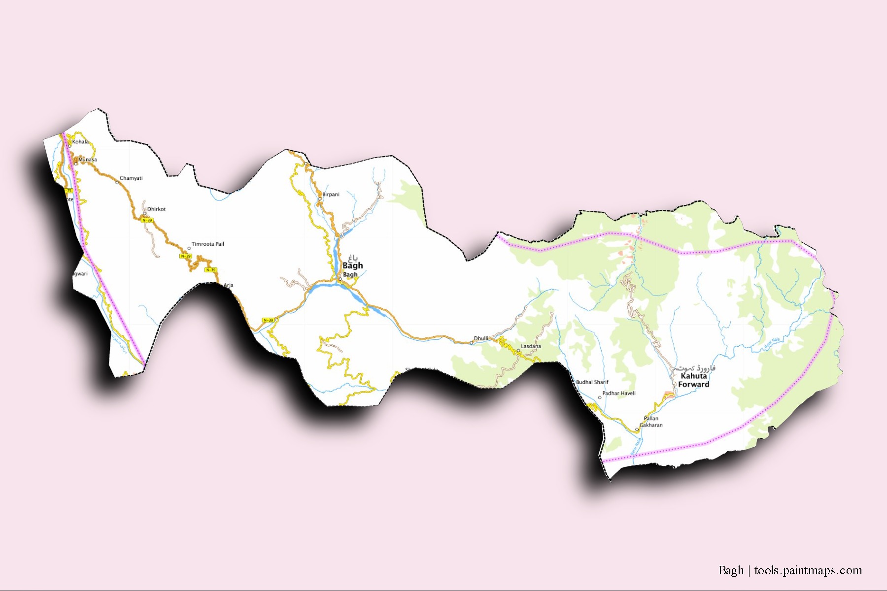 Mapa de barrios y pueblos de Bagh con efecto de sombra 3D