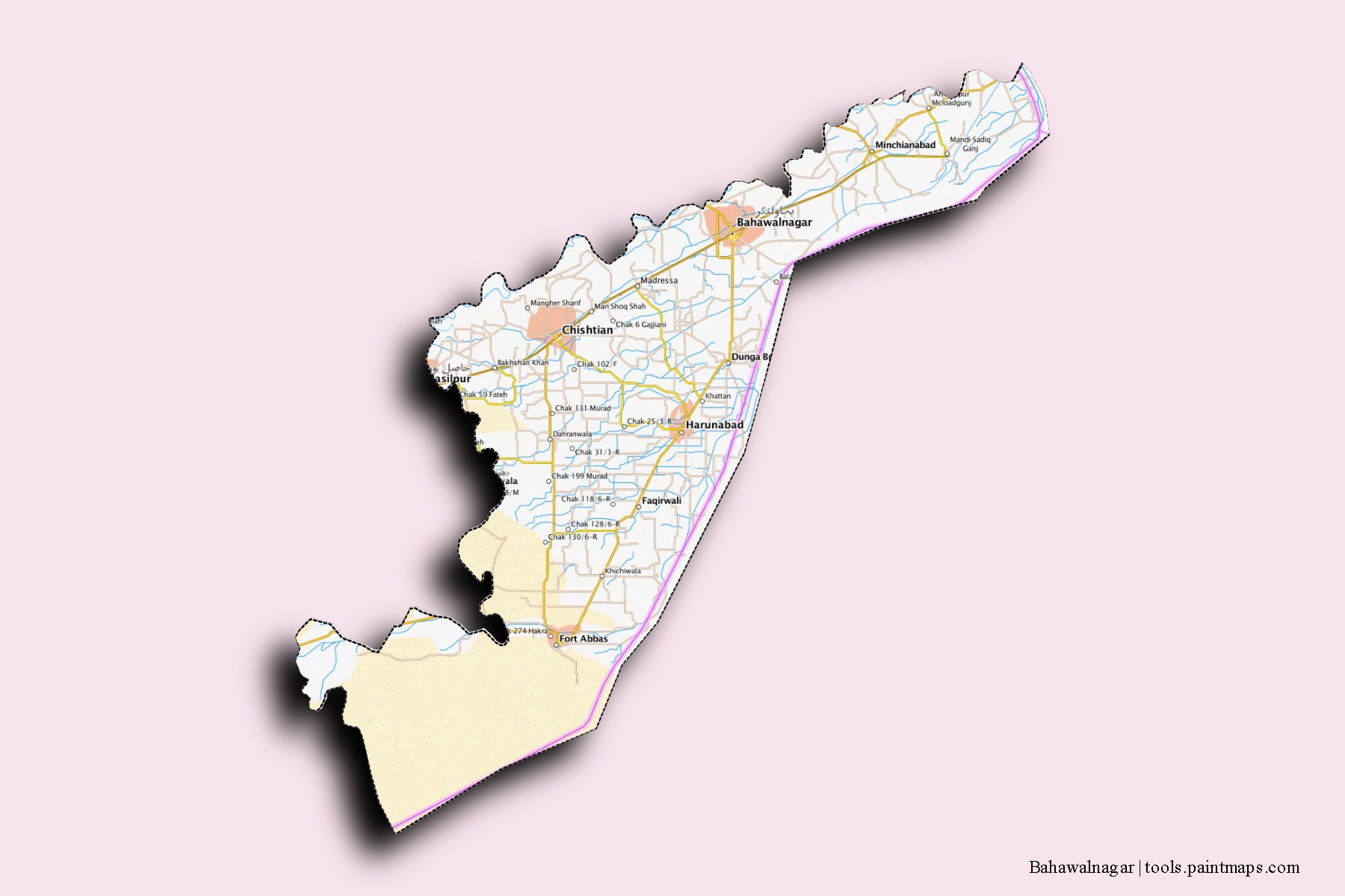 Mapa de barrios y pueblos de Bahawalnagar con efecto de sombra 3D