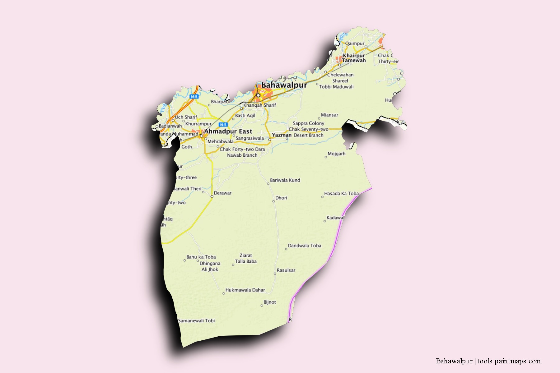 Mapa de barrios y pueblos de Bahawalpur con efecto de sombra 3D