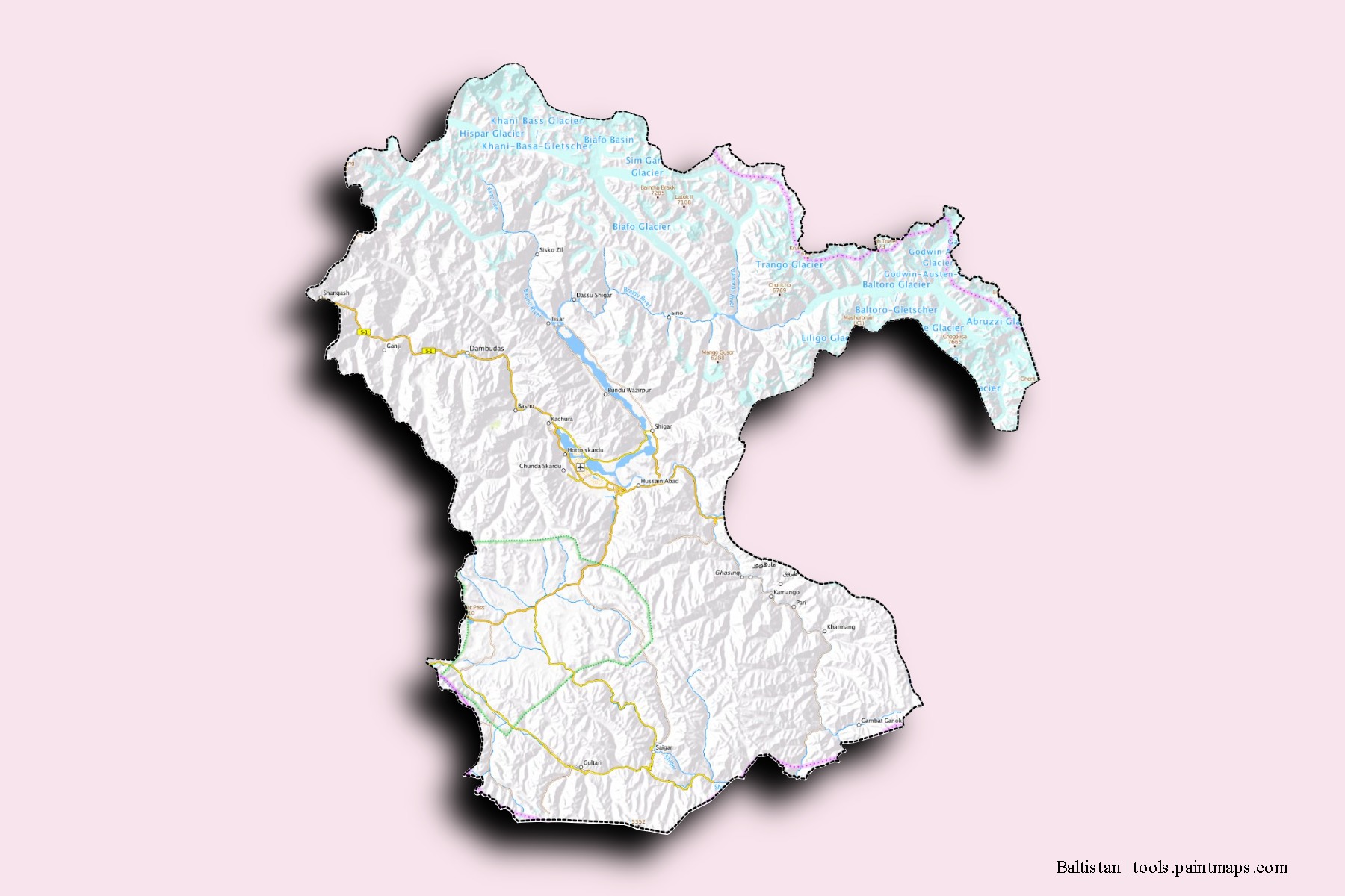 Mapa de barrios y pueblos de Baltistan con efecto de sombra 3D