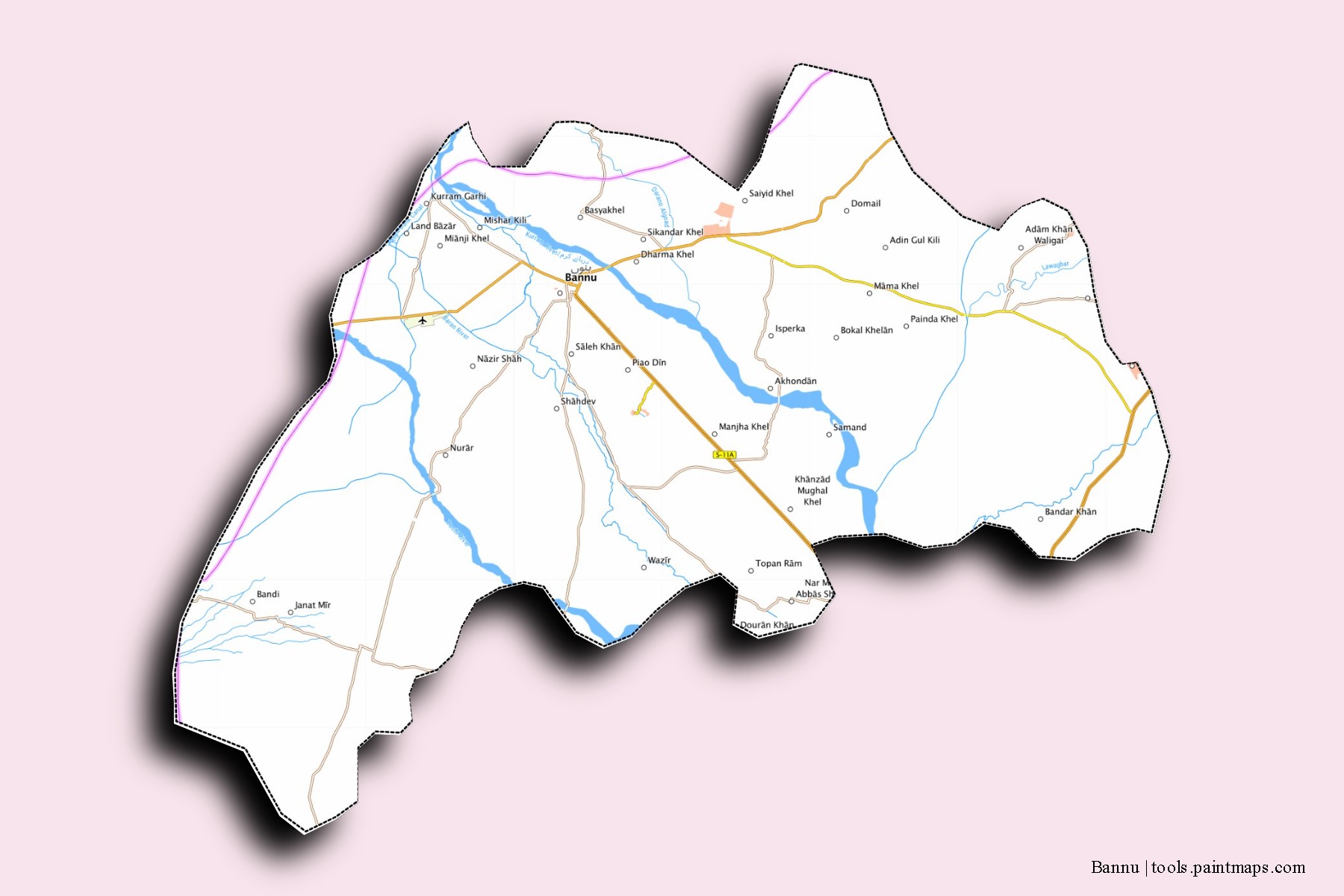 Bannu neighborhoods and villages map with 3D shadow effect