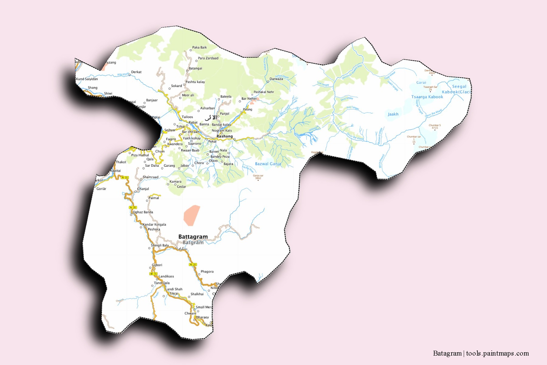 Batagram neighborhoods and villages map with 3D shadow effect