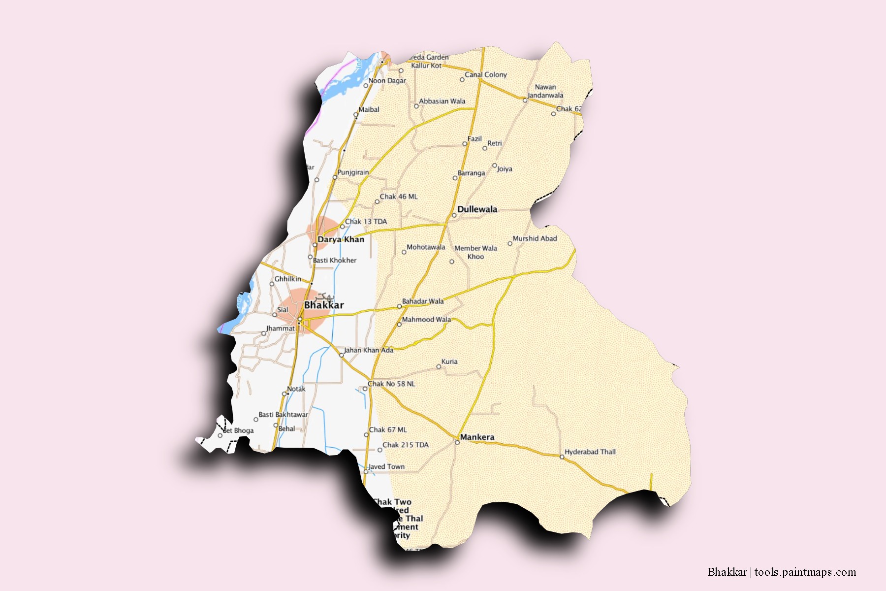 Bhakkar neighborhoods and villages map with 3D shadow effect