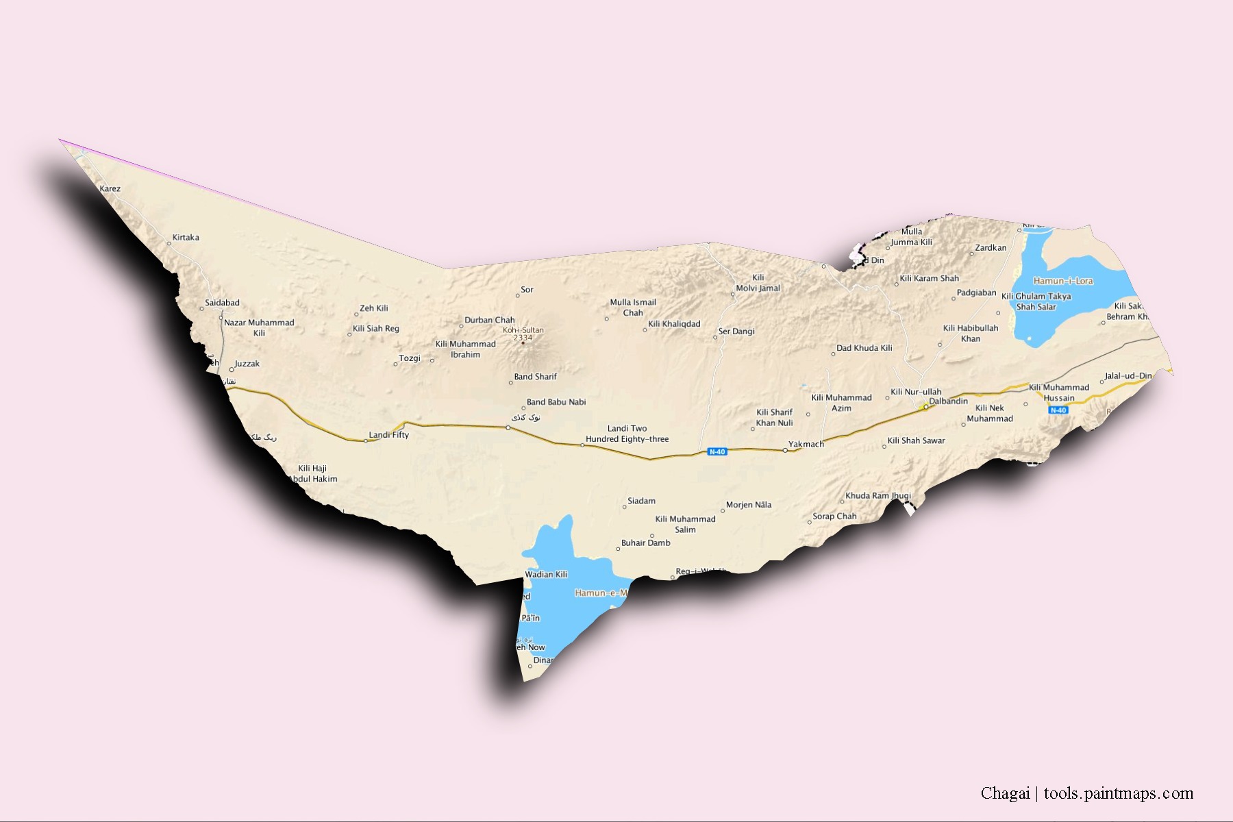 Chagai neighborhoods and villages map with 3D shadow effect