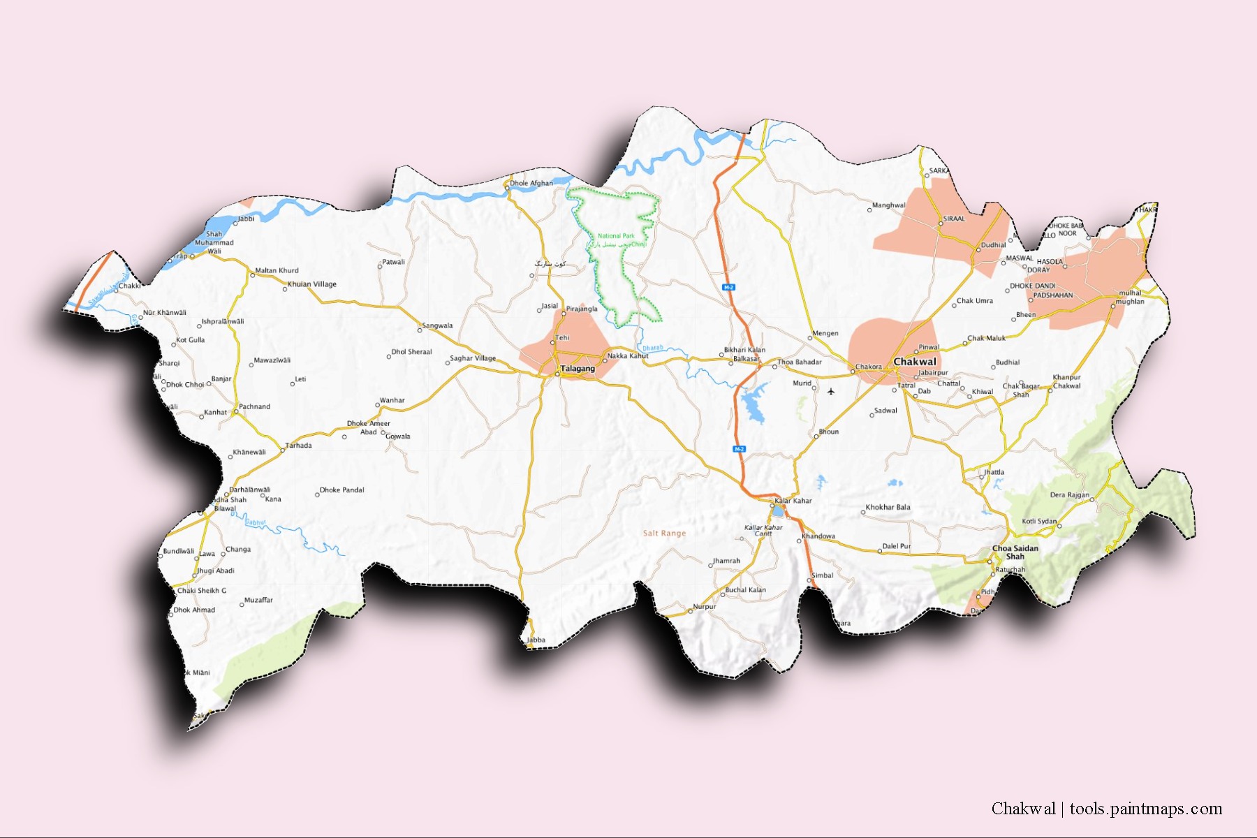 Chakwal neighborhoods and villages map with 3D shadow effect