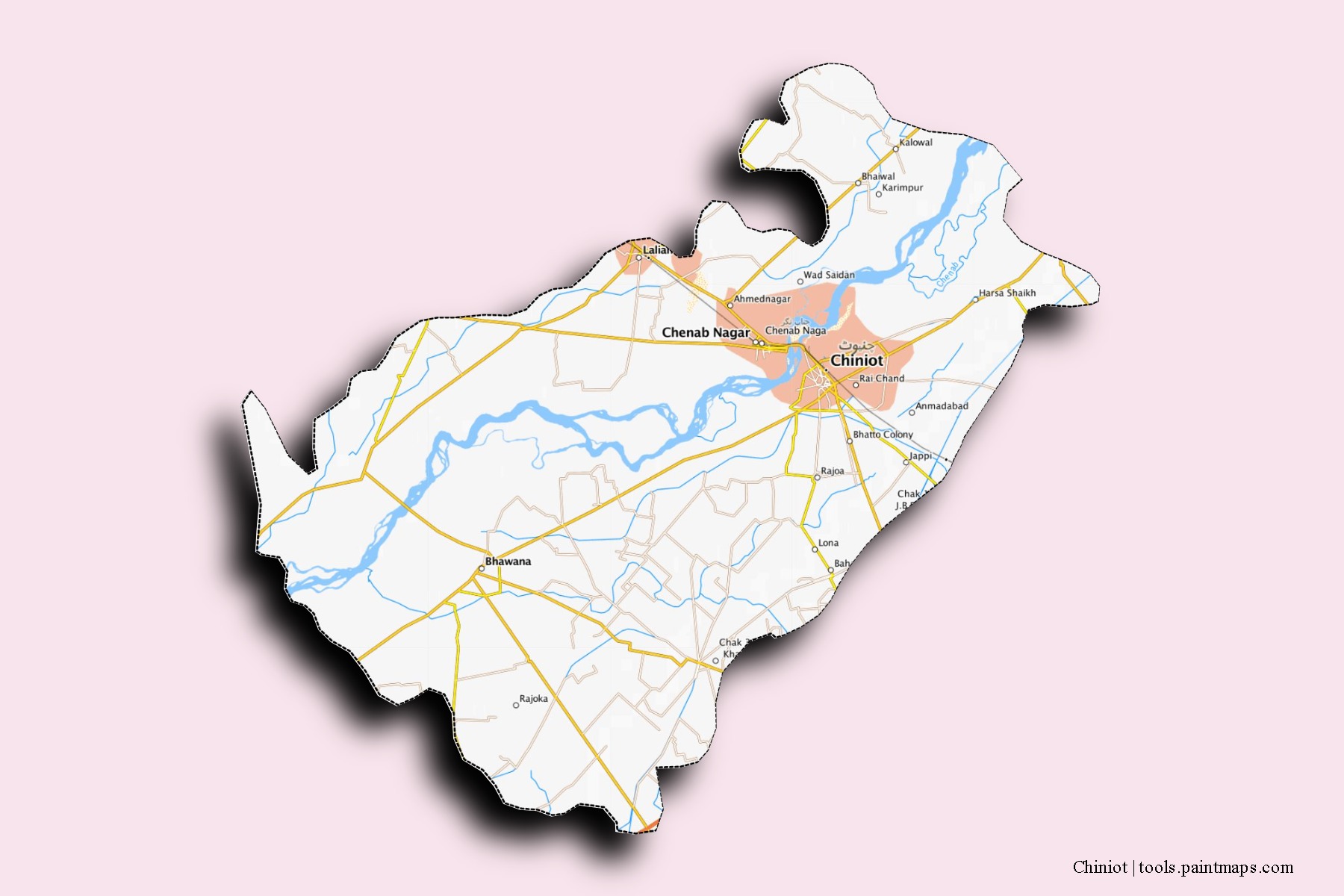 Mapa de barrios y pueblos de Chiniot con efecto de sombra 3D