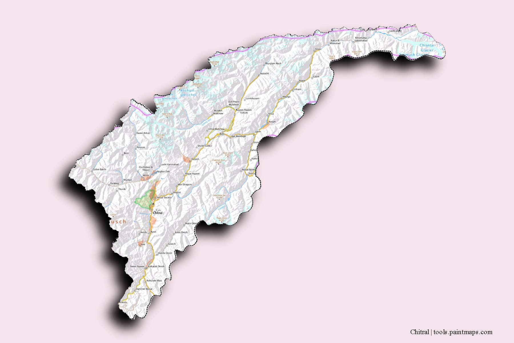 Chitral neighborhoods and villages map with 3D shadow effect