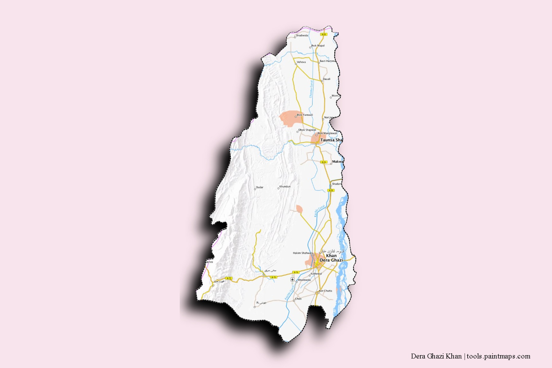 Mapa de barrios y pueblos de Dera Ghazi Khan con efecto de sombra 3D