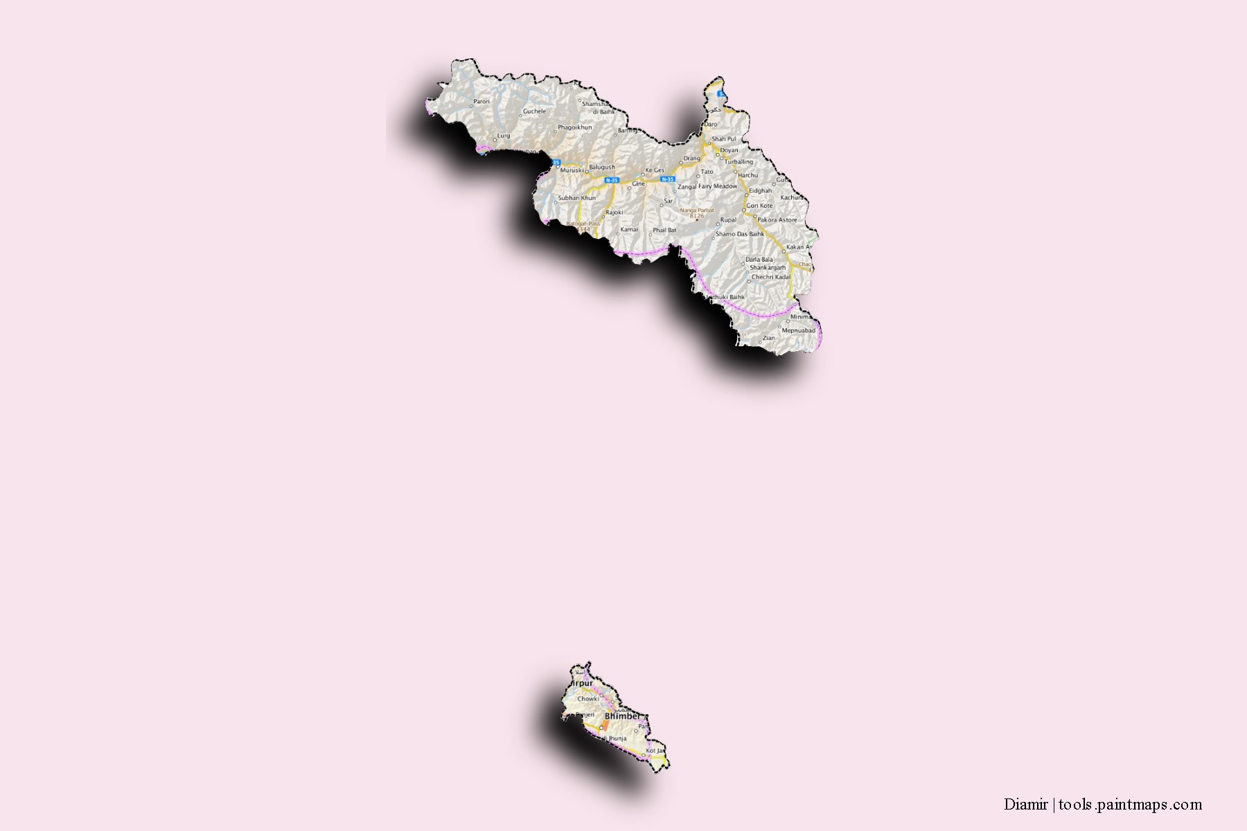 Mapa de barrios y pueblos de Diamir con efecto de sombra 3D