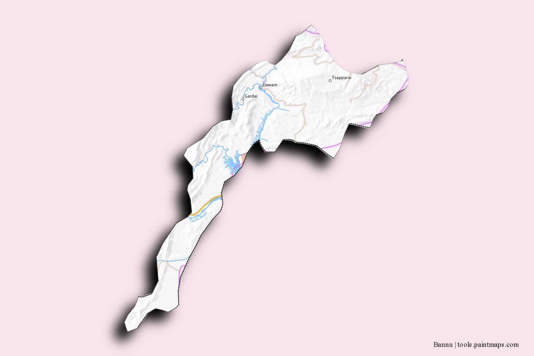 Mapa de barrios y pueblos de Bannu con efecto de sombra 3D