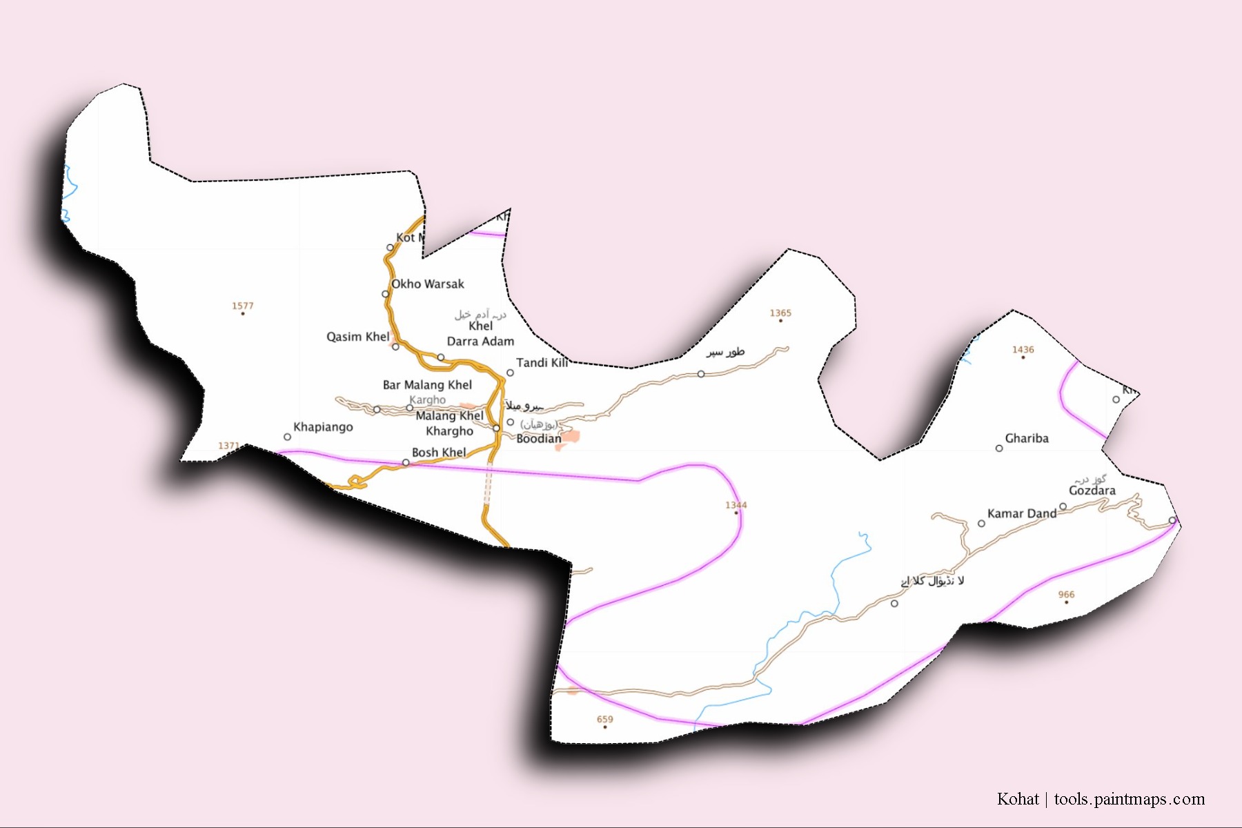 Kohat neighborhoods and villages map with 3D shadow effect