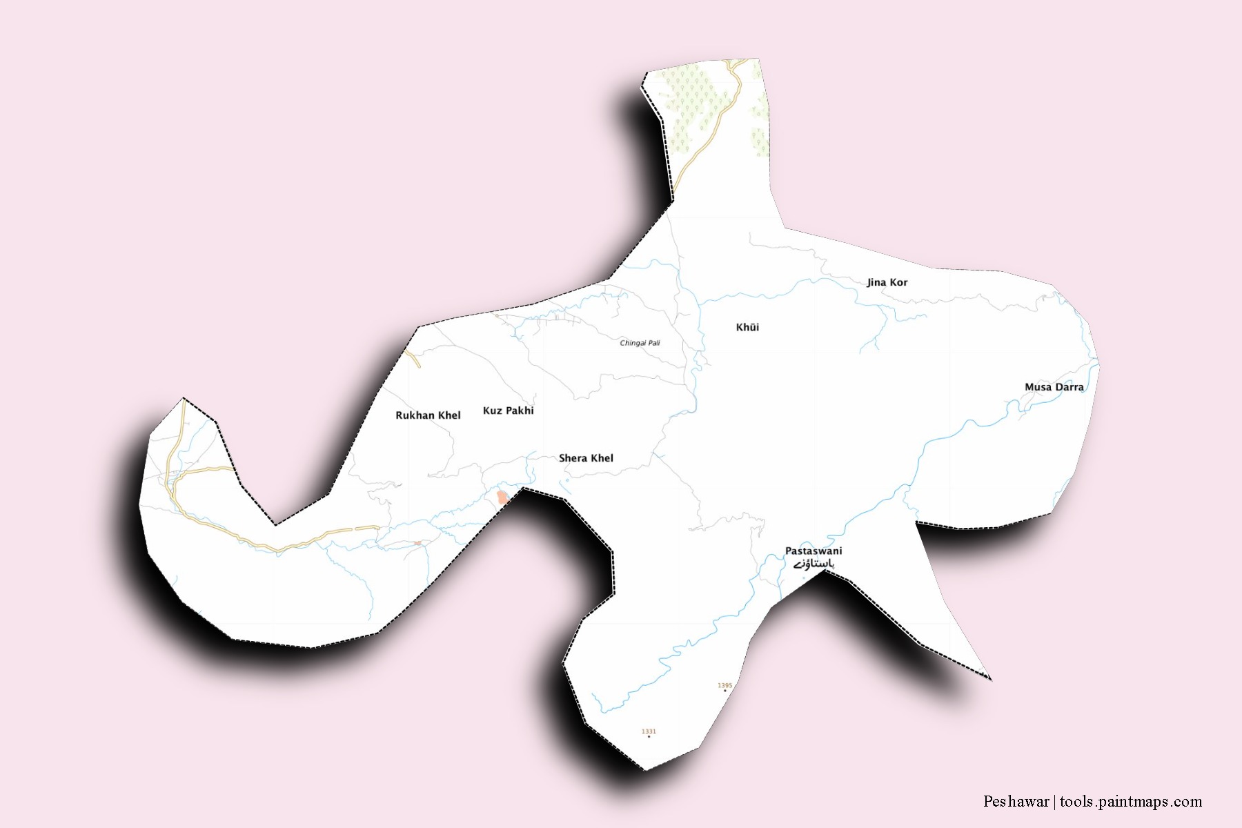 Peshawar neighborhoods and villages map with 3D shadow effect