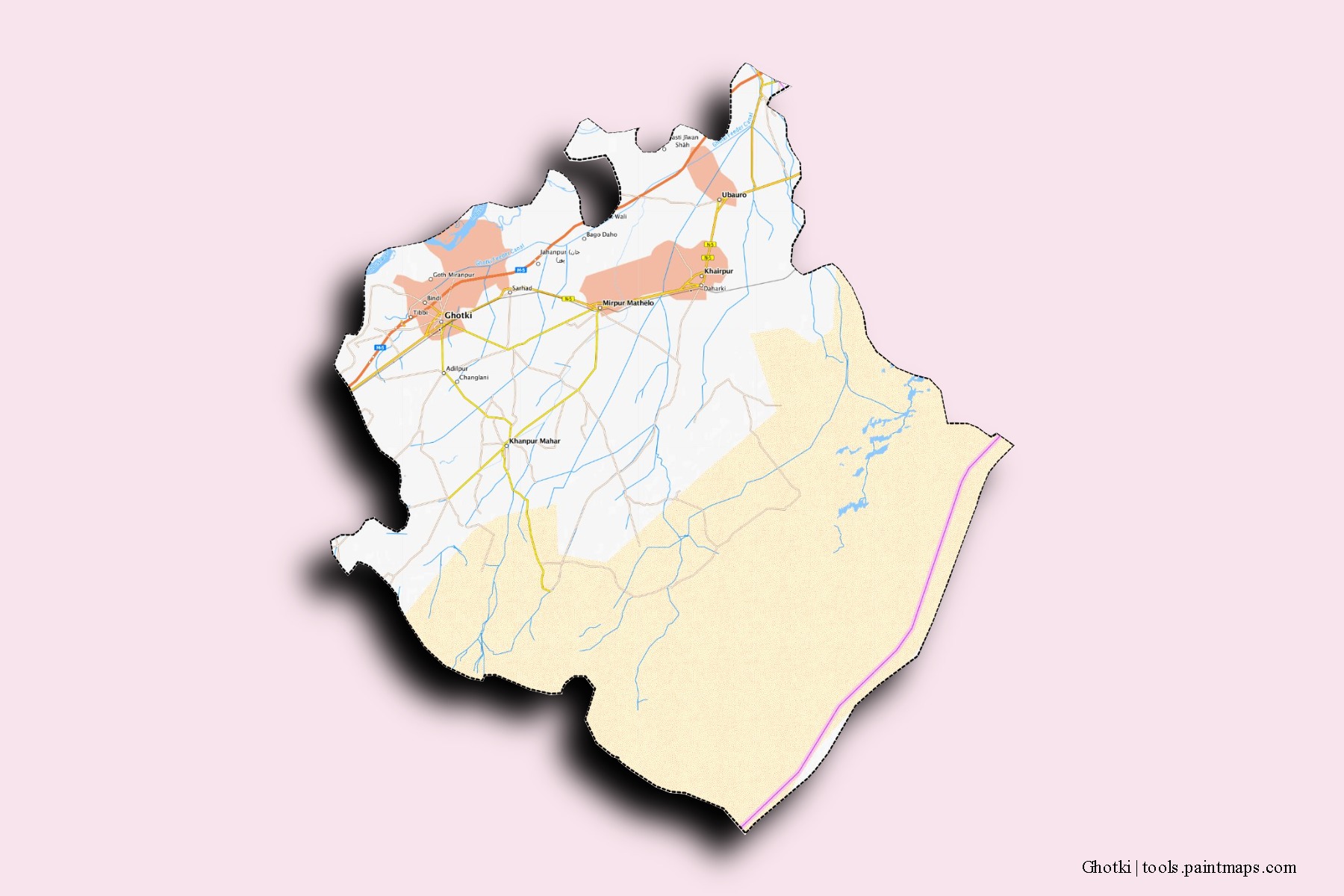 Ghotki neighborhoods and villages map with 3D shadow effect