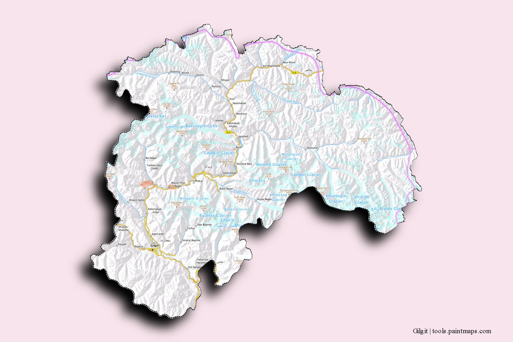 Gilgit neighborhoods and villages map with 3D shadow effect