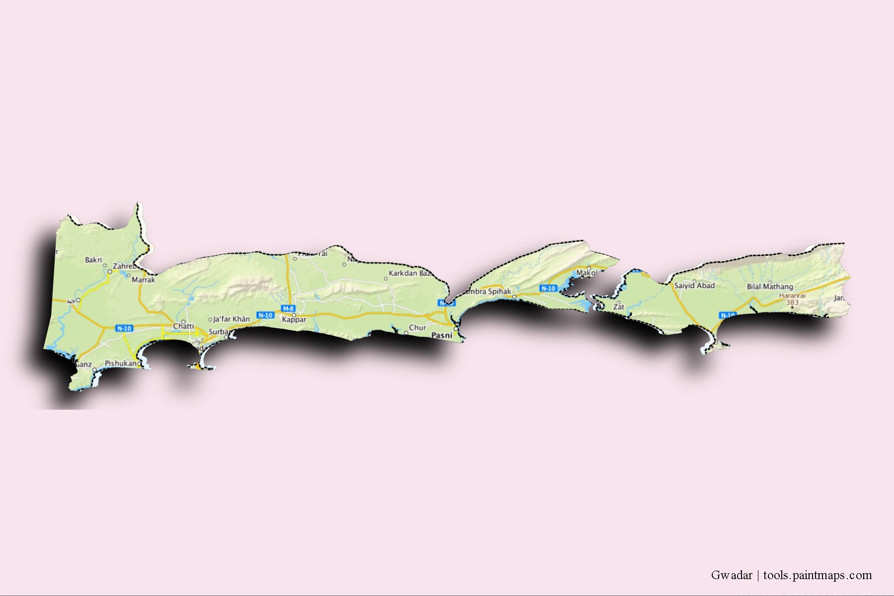 Mapa de barrios y pueblos de Gwadar con efecto de sombra 3D