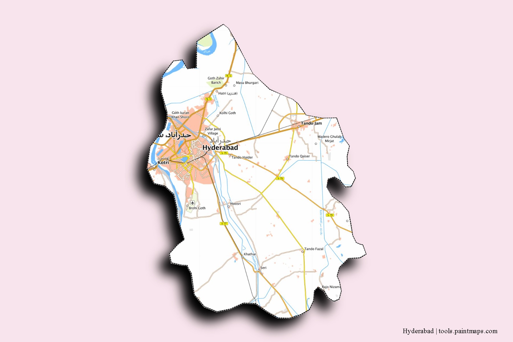 Hyderabad neighborhoods and villages map with 3D shadow effect