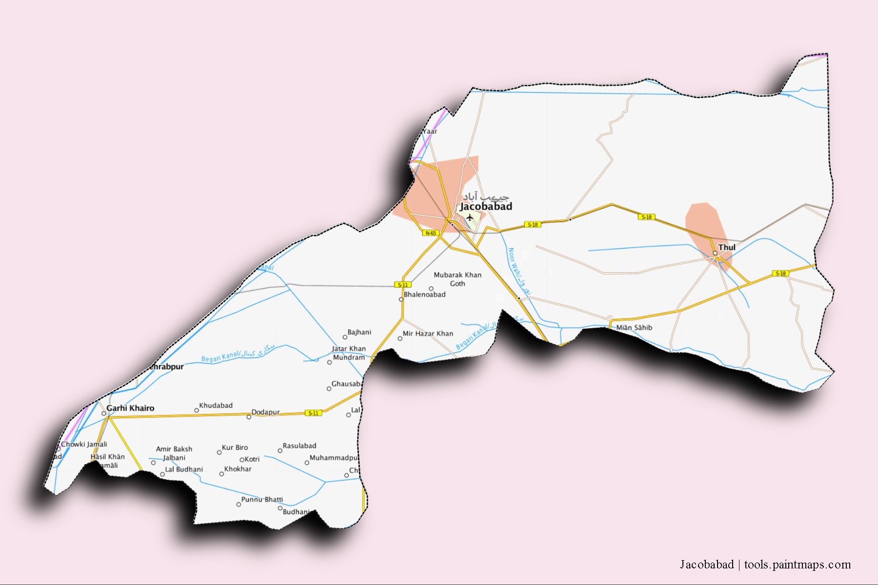 Jacobabad neighborhoods and villages map with 3D shadow effect