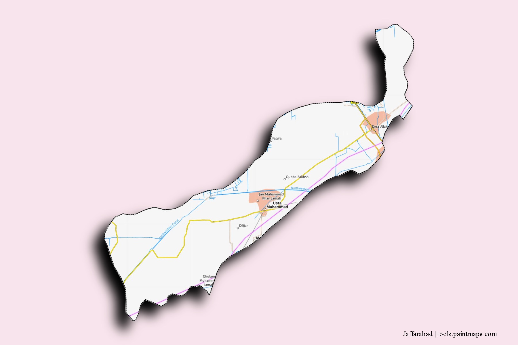 Jaffarabad neighborhoods and villages map with 3D shadow effect