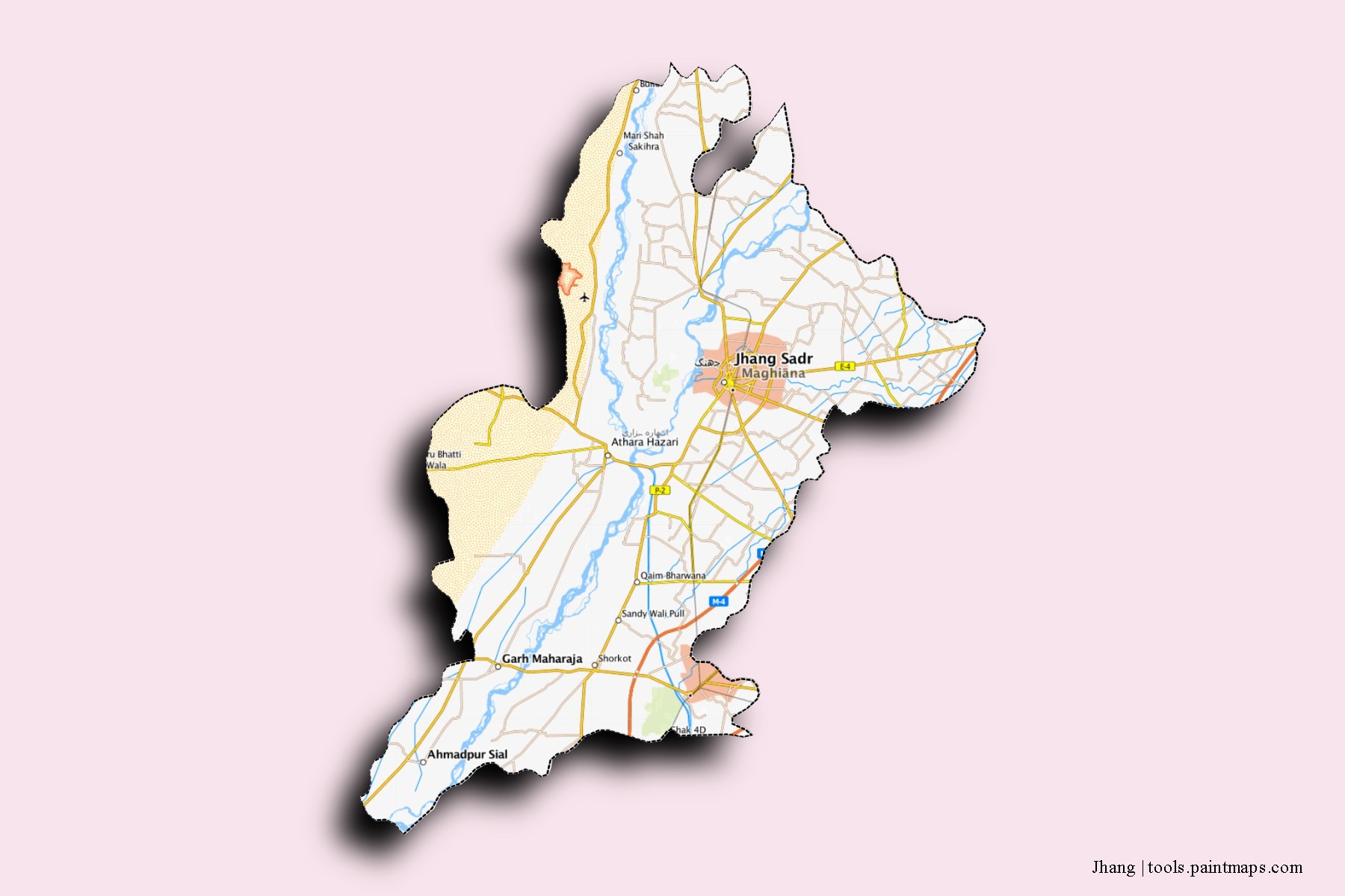 Mapa de barrios y pueblos de Jhang con efecto de sombra 3D