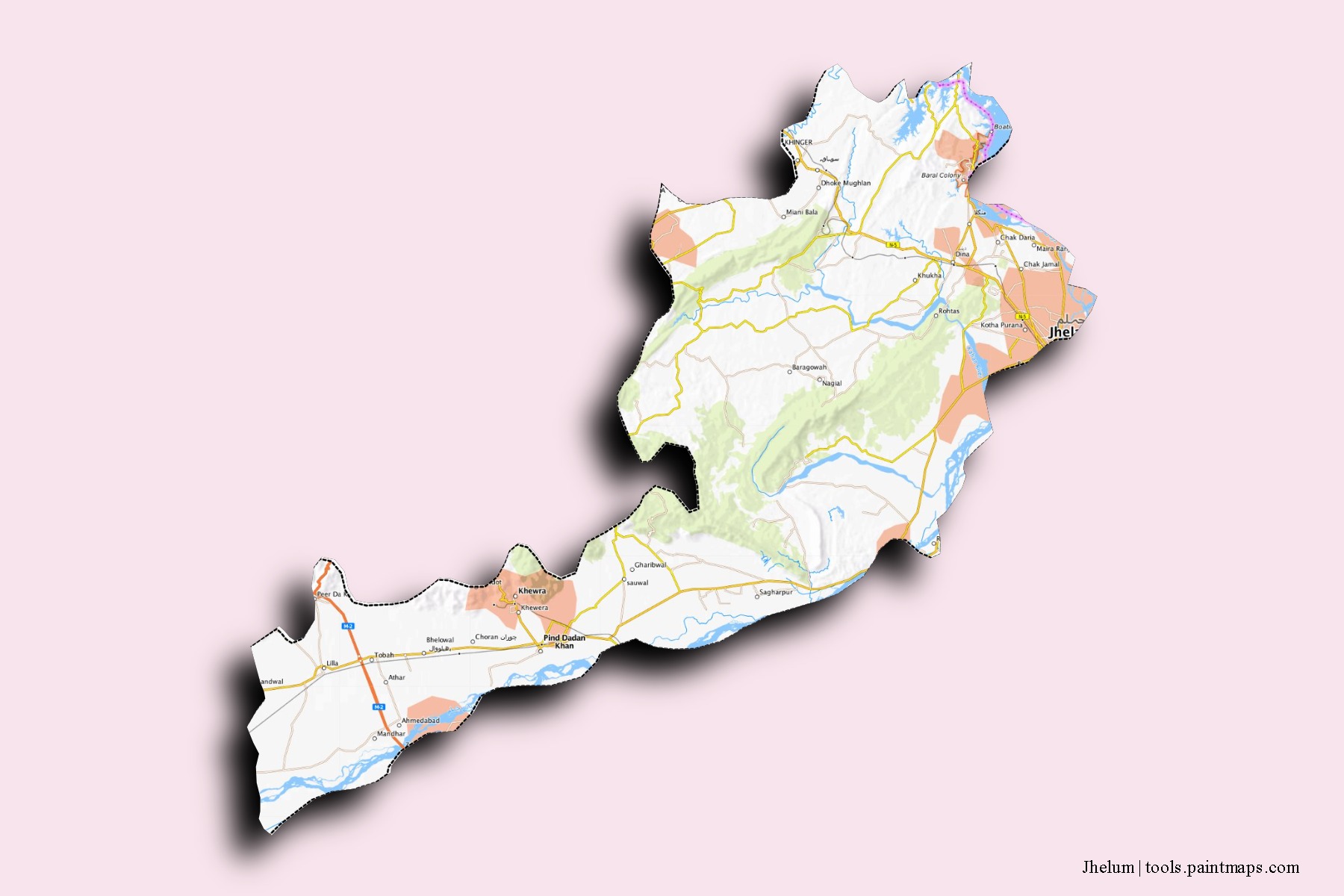 Jhelum neighborhoods and villages map with 3D shadow effect