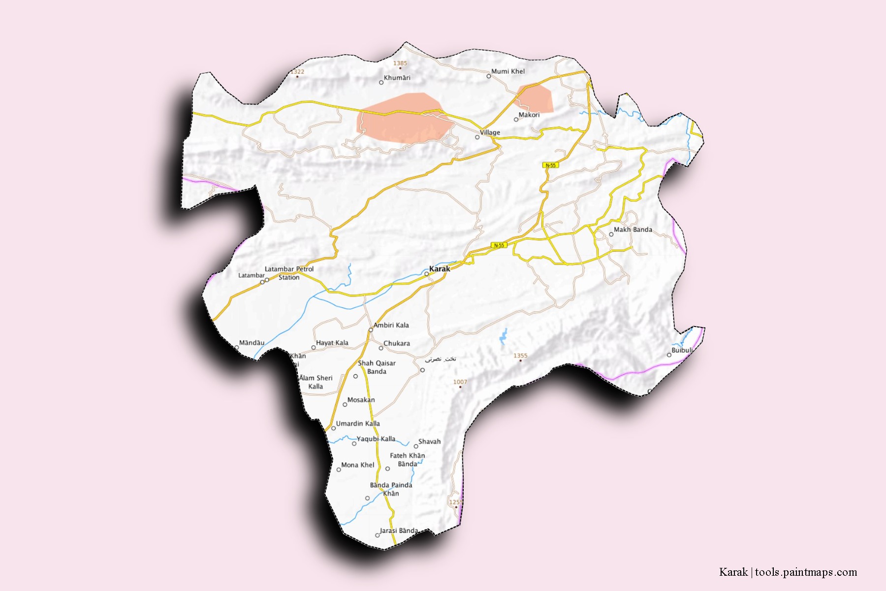 Karak neighborhoods and villages map with 3D shadow effect