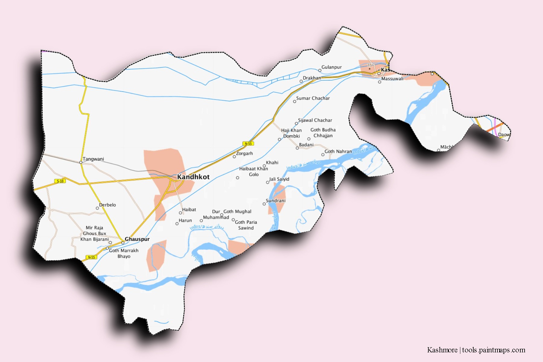 Kashmore neighborhoods and villages map with 3D shadow effect