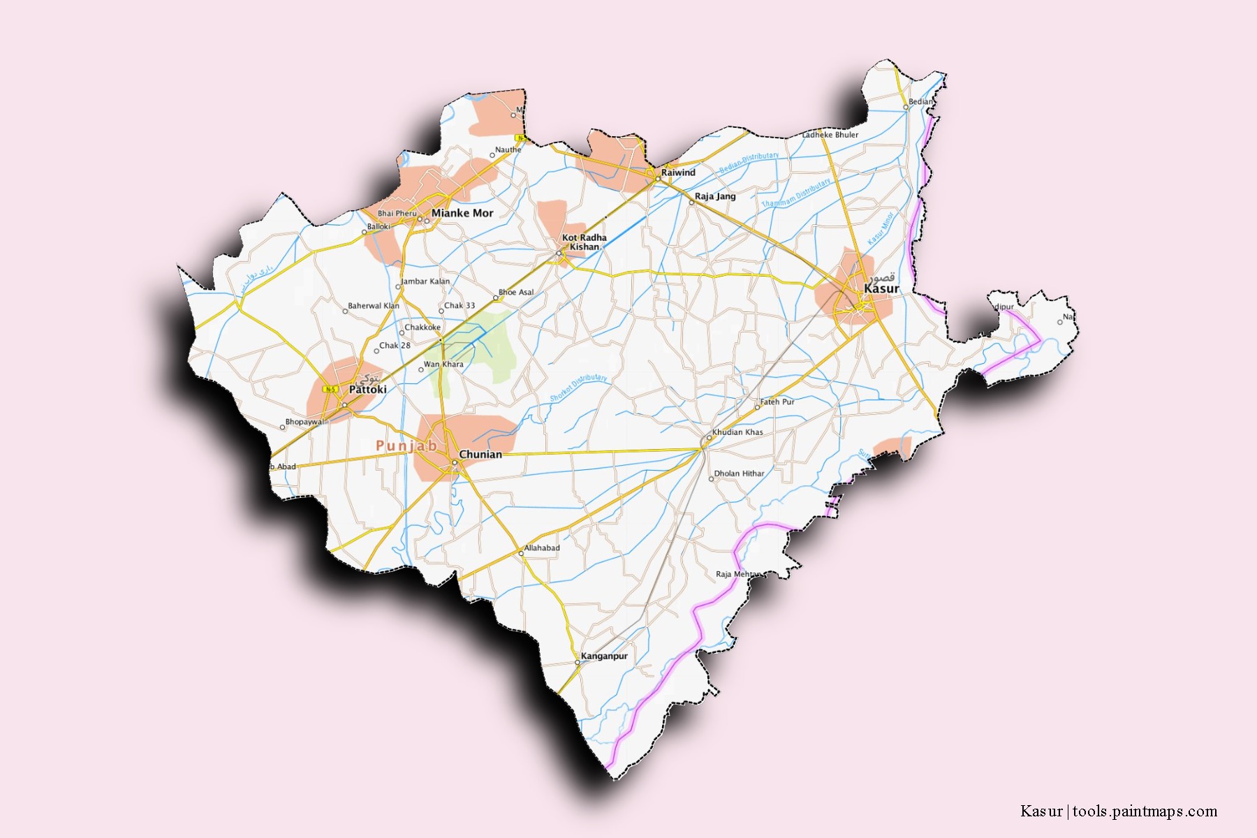 Kasur neighborhoods and villages map with 3D shadow effect