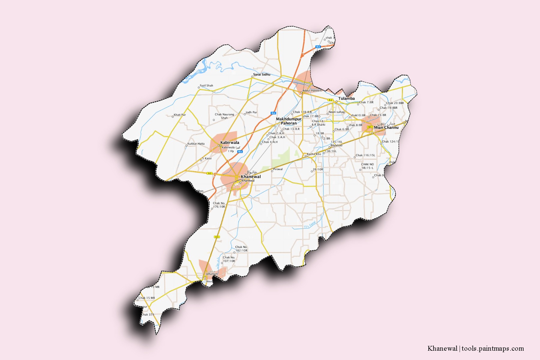 Mapa de barrios y pueblos de Khanewal con efecto de sombra 3D