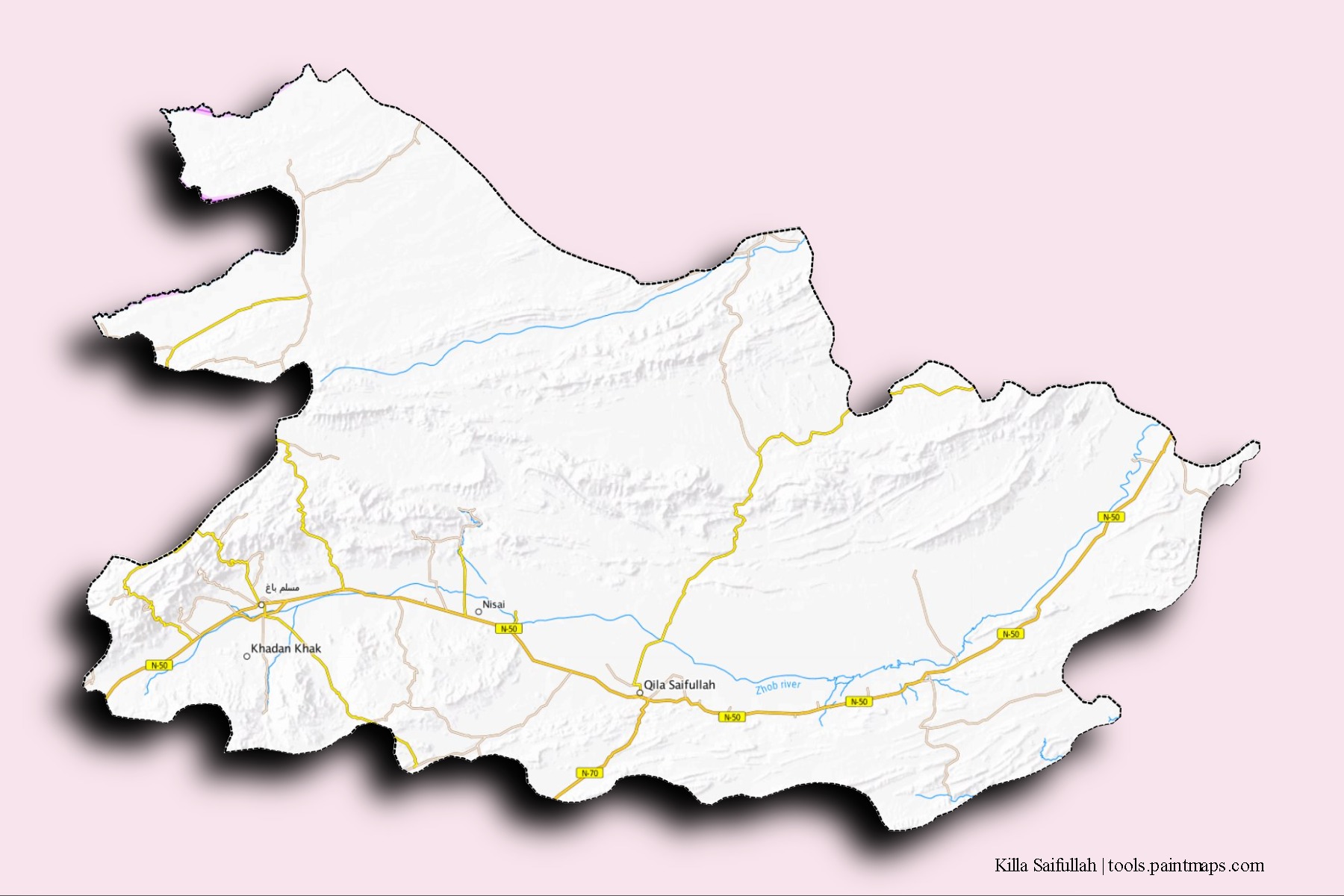 Mapa de barrios y pueblos de Killa Saifullah con efecto de sombra 3D