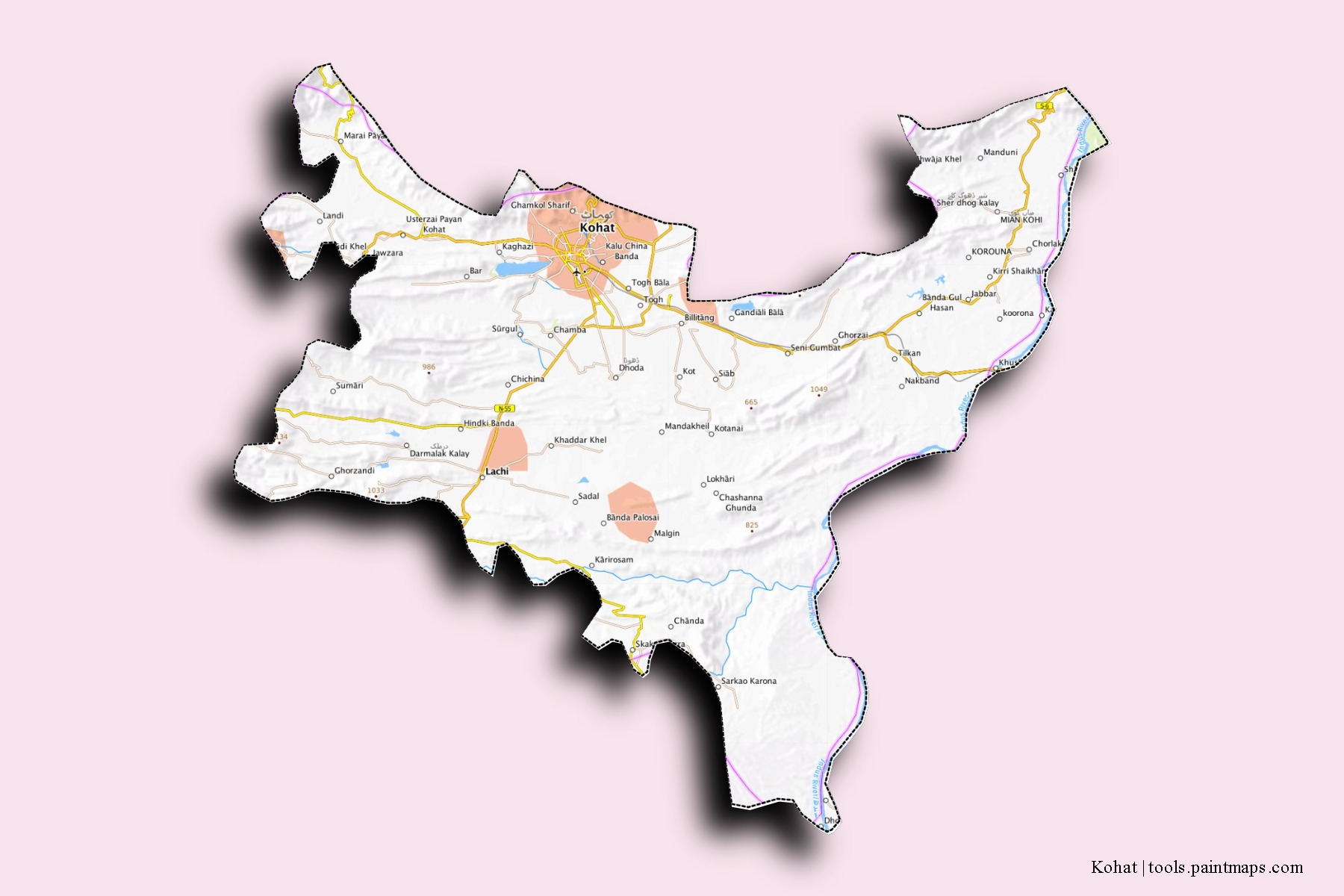 Kohat neighborhoods and villages map with 3D shadow effect