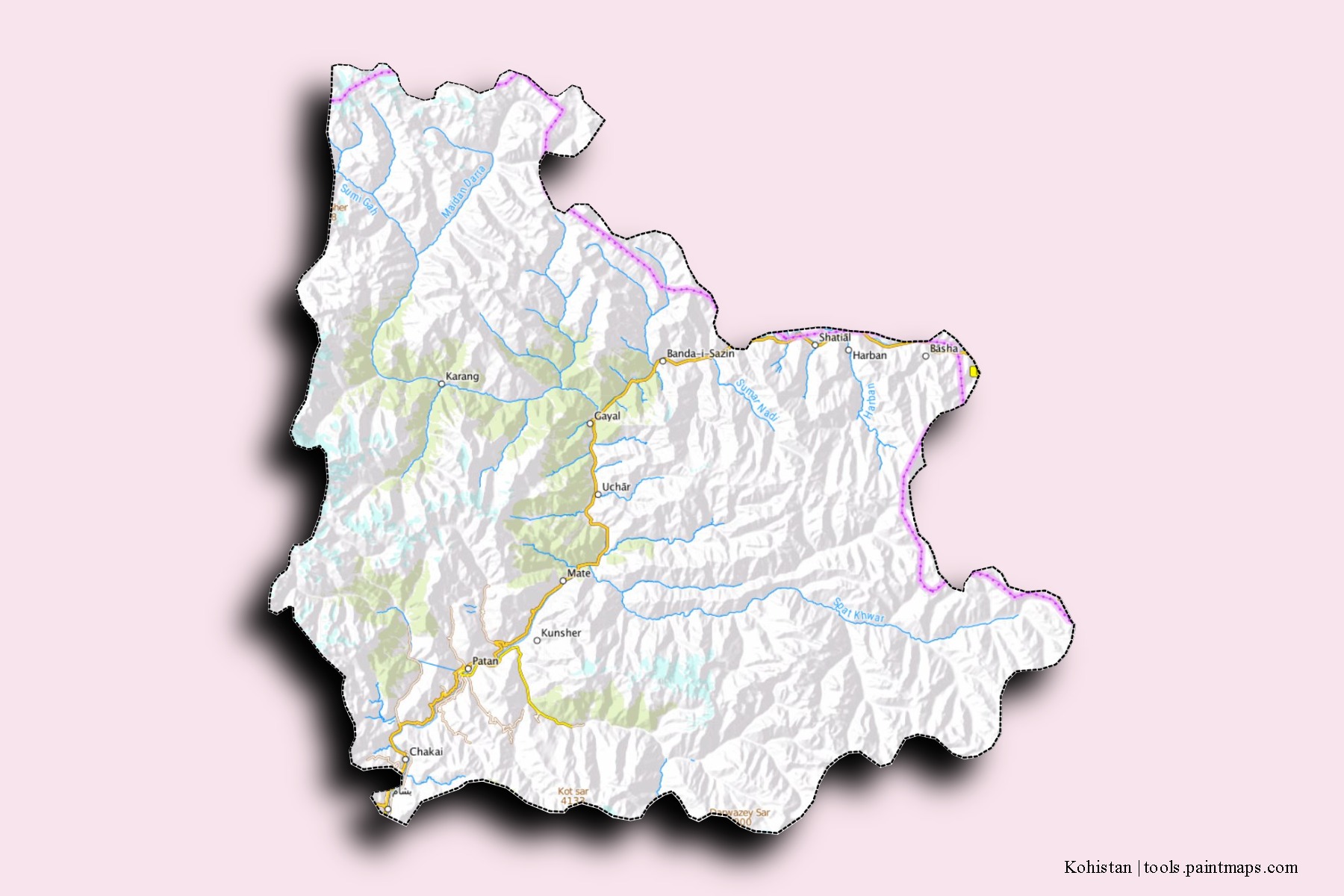 Kohistan neighborhoods and villages map with 3D shadow effect