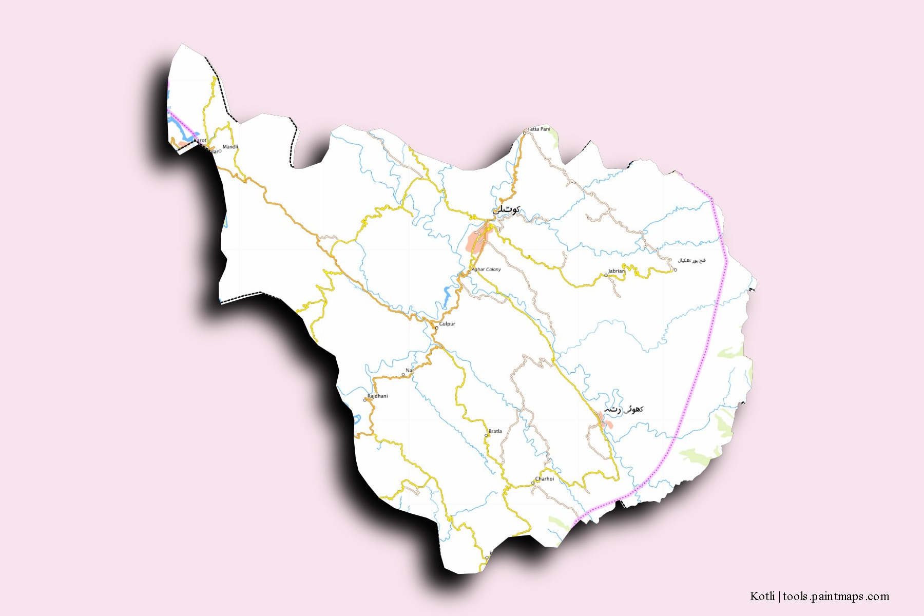 Kotli neighborhoods and villages map with 3D shadow effect