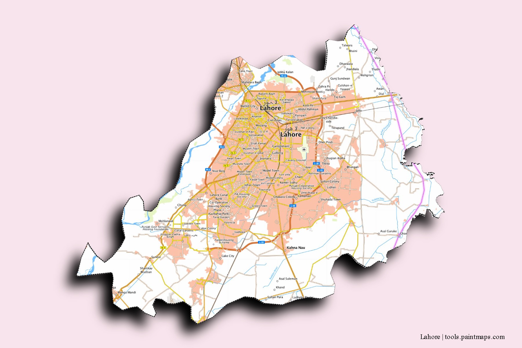 Lahore neighborhoods and villages map with 3D shadow effect