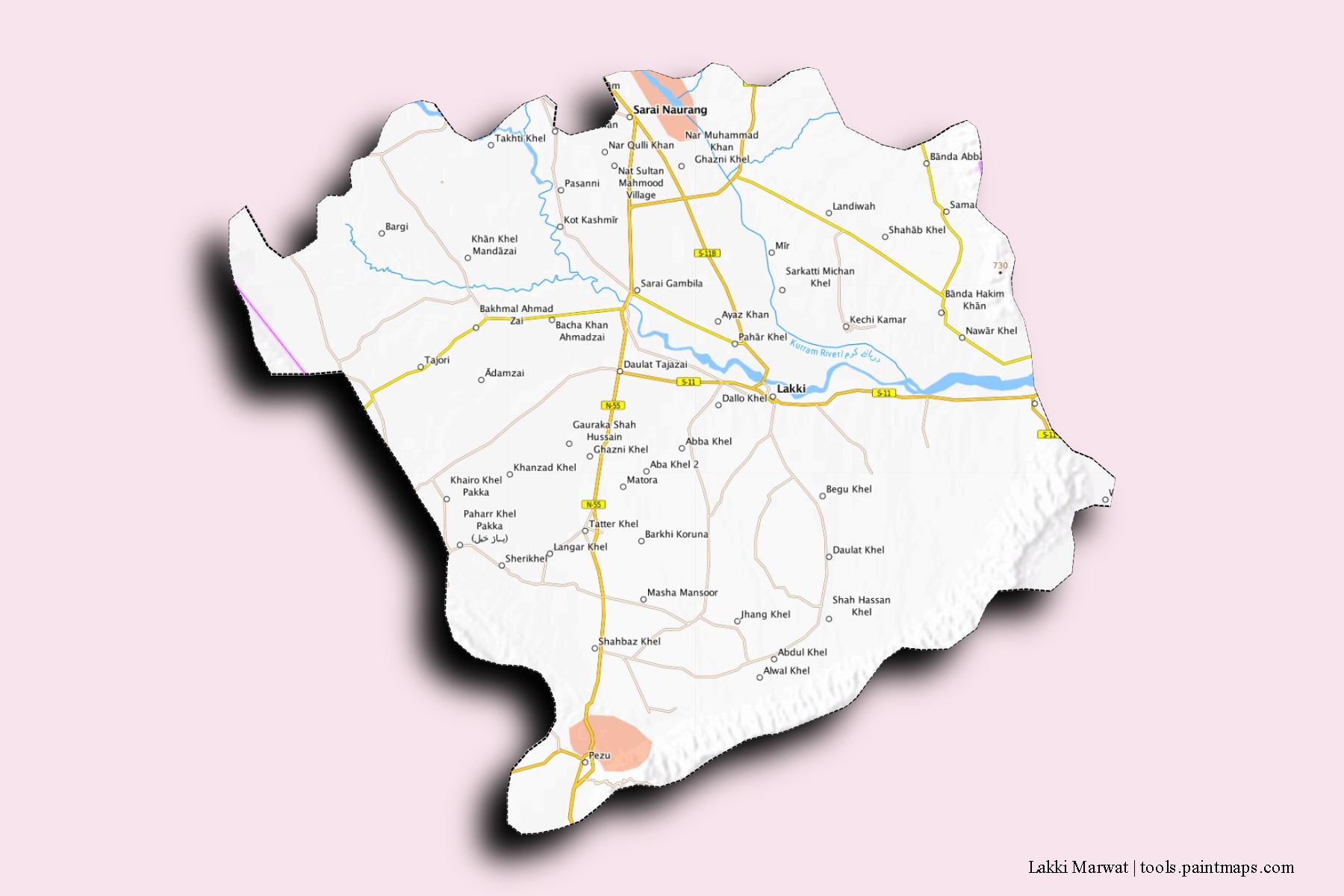 Mapa de barrios y pueblos de Lakki Marwat con efecto de sombra 3D