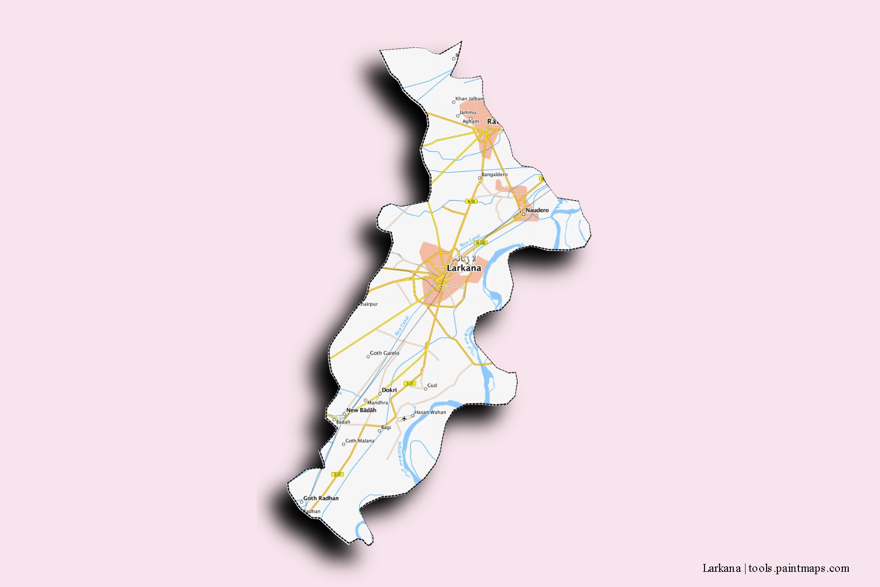 Larkana neighborhoods and villages map with 3D shadow effect