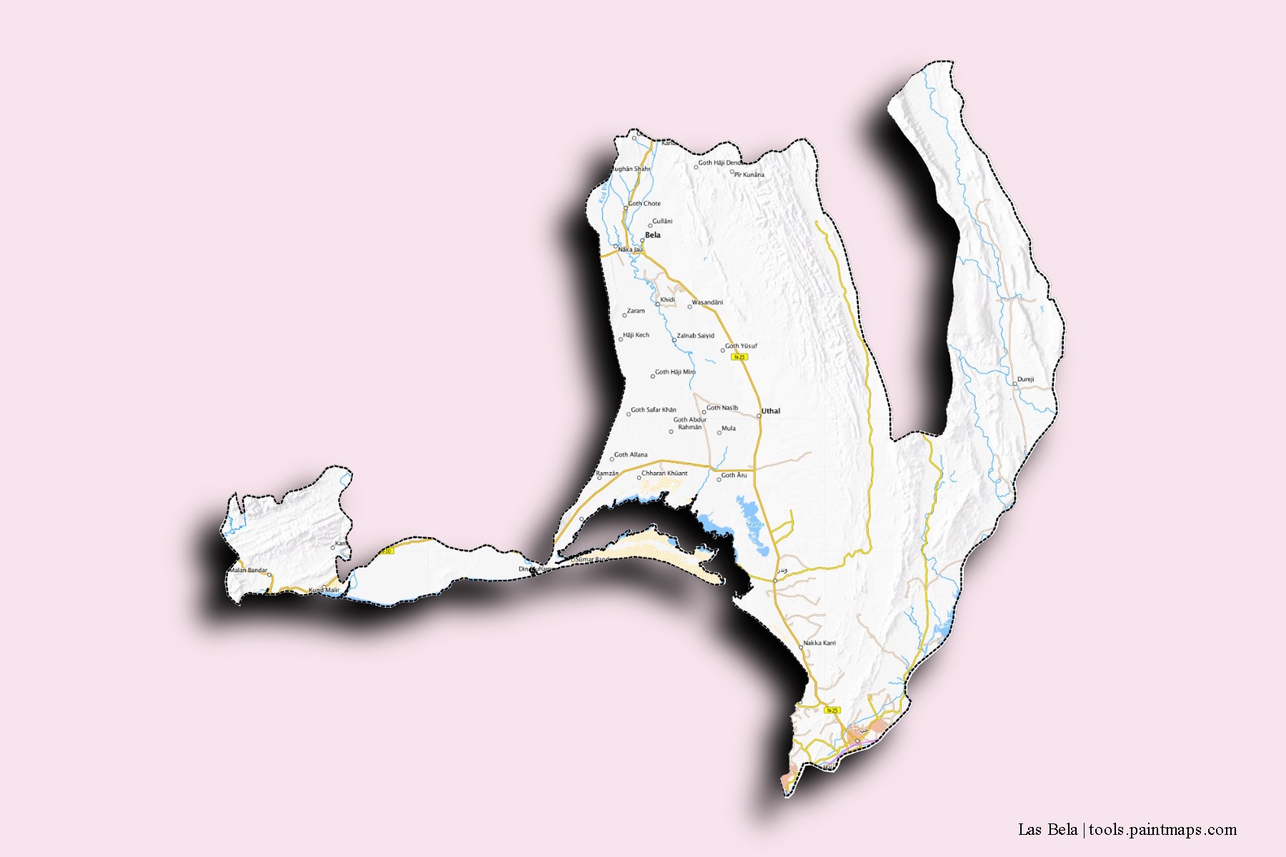 Las Bela neighborhoods and villages map with 3D shadow effect