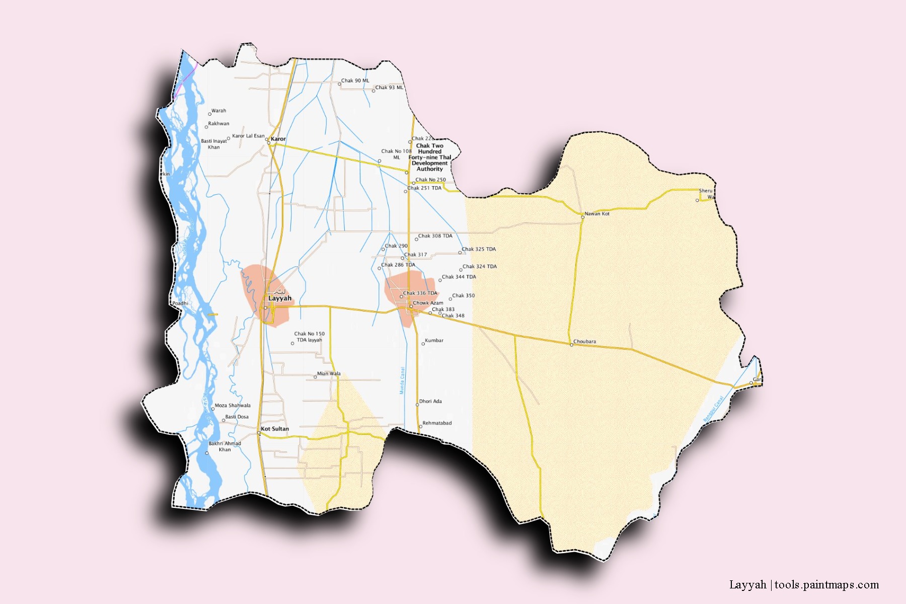 Layyah neighborhoods and villages map with 3D shadow effect