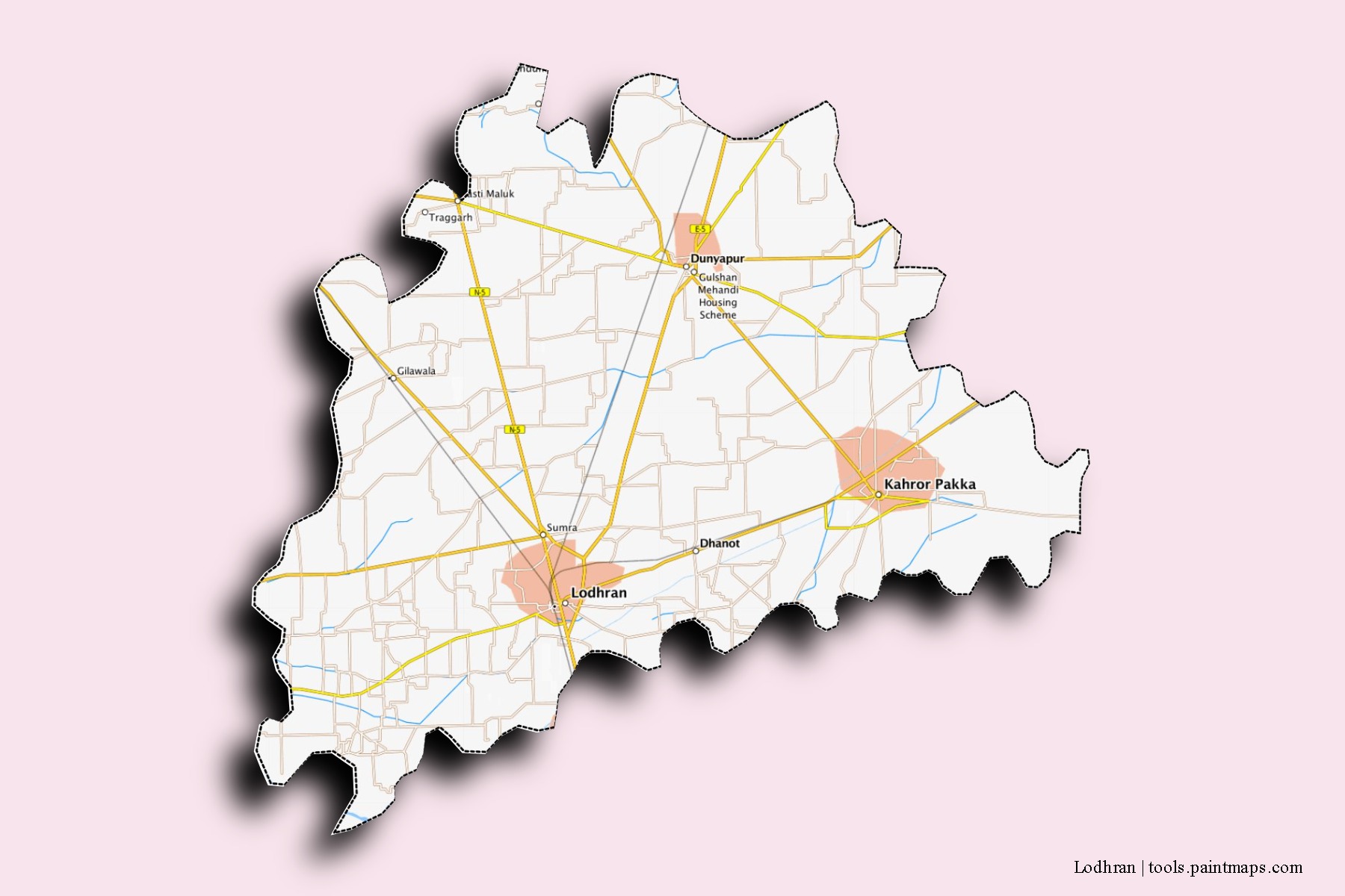 Lodhran neighborhoods and villages map with 3D shadow effect